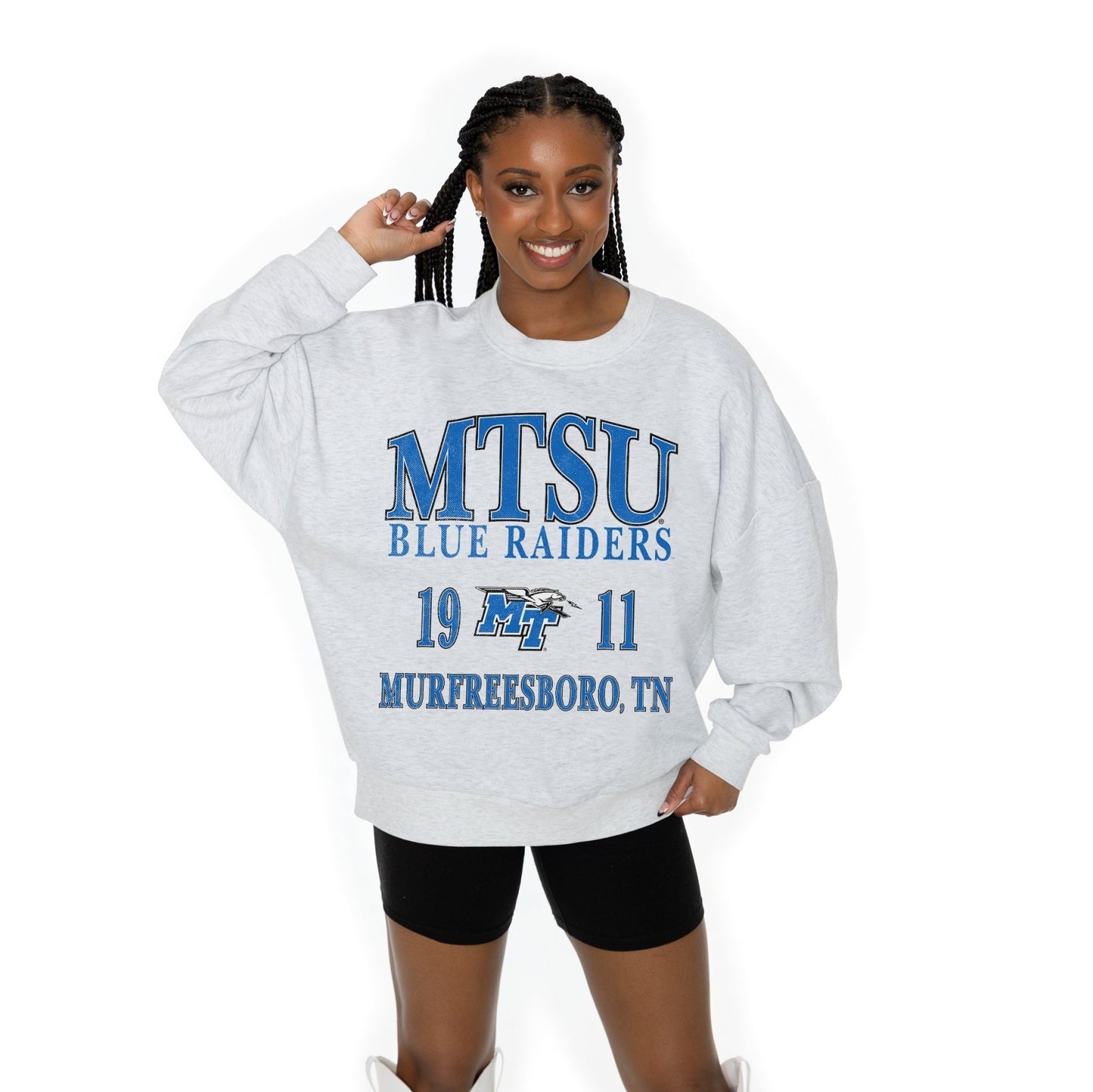 MIDDLE TENNESSEE STATE BLUE RAIDERS ALLEGIANCE LONG SLEEVE UNISEX FIT PREMIUM FLEECE CREWNECK SWEATSHIRT WITH RIBBED KNIT NECKLINE, WRIST, AND WAISTBAND - The Club