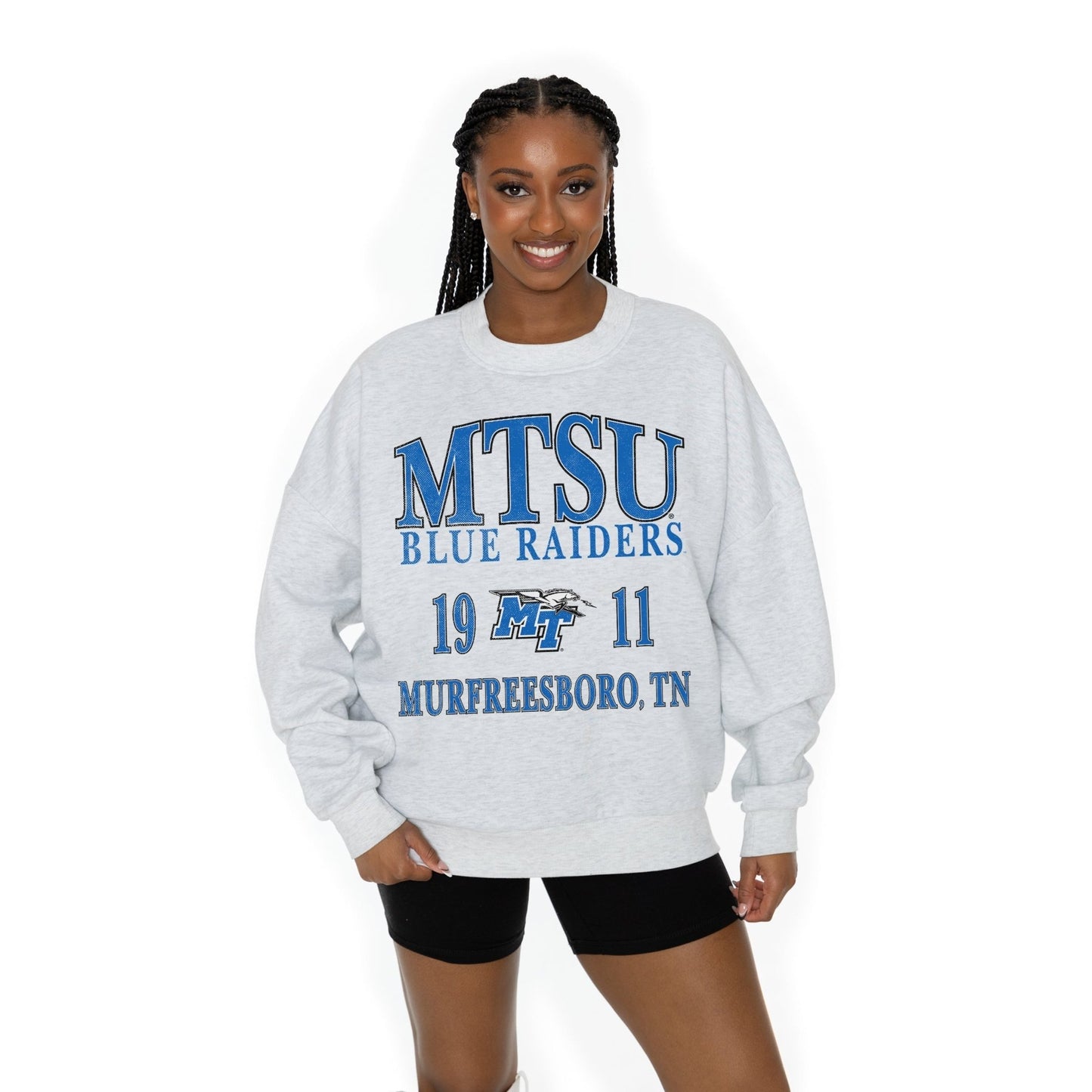 MIDDLE TENNESSEE STATE BLUE RAIDERS ALLEGIANCE LONG SLEEVE UNISEX FIT PREMIUM FLEECE CREWNECK SWEATSHIRT WITH RIBBED KNIT NECKLINE, WRIST, AND WAISTBAND - The Club