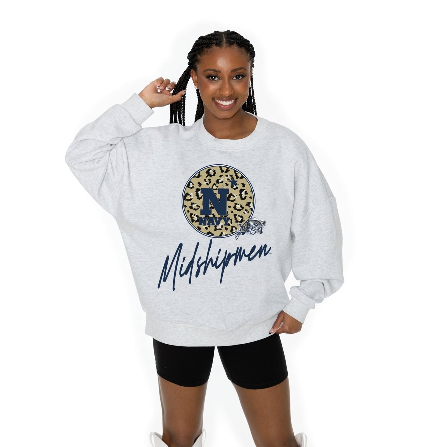 US NAVY MIDSHIPMEN GOING WILD LONG SLEEVE UNISEX FIT PREMIUM FLEECE CREWNECK SWEATSHIRT WITH RIBBED KNIT NECKLINE, WRIST, AND WAISTBAND - The Club
