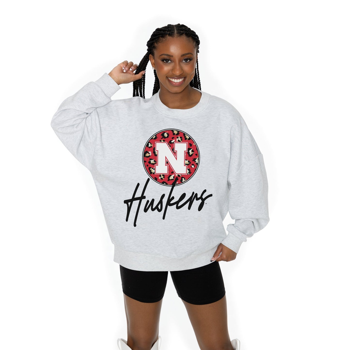 NEBRASKA CORNHUSKERS GOING WILD LONG SLEEVE UNISEX FIT PREMIUM FLEECE CREWNECK SWEATSHIRT WITH RIBBED KNIT NECKLINE, WRIST, AND WAISTBAND