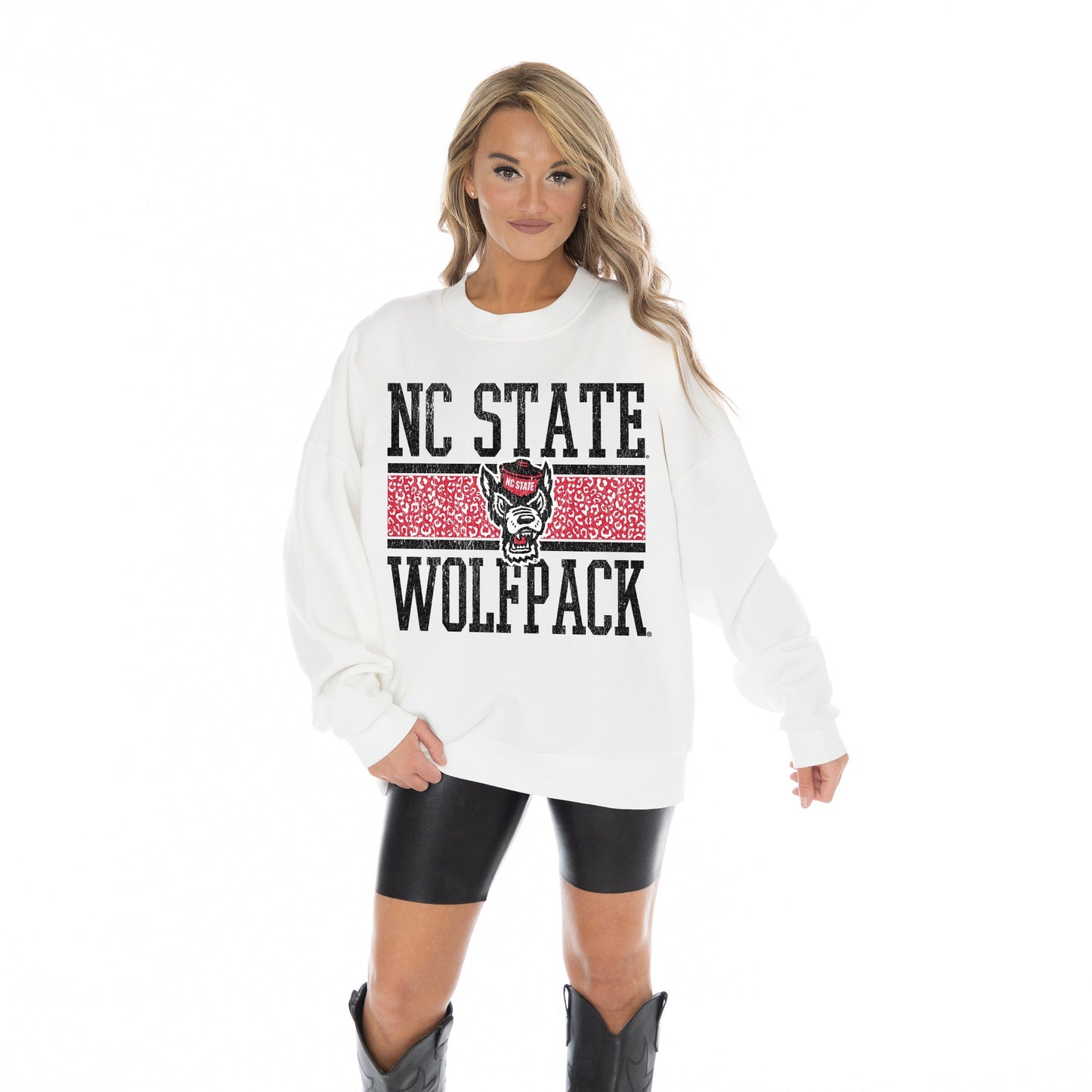 NORTH CAROLINA STATE WOLFPACK FAIR CATCH LONG SLEEVE UNISEX FIT PREMIUM FLEECE CREWNECK SWEATSHIRT WITH RIBBED KNIT NECKLINE, WRIST, AND WAISTBAND