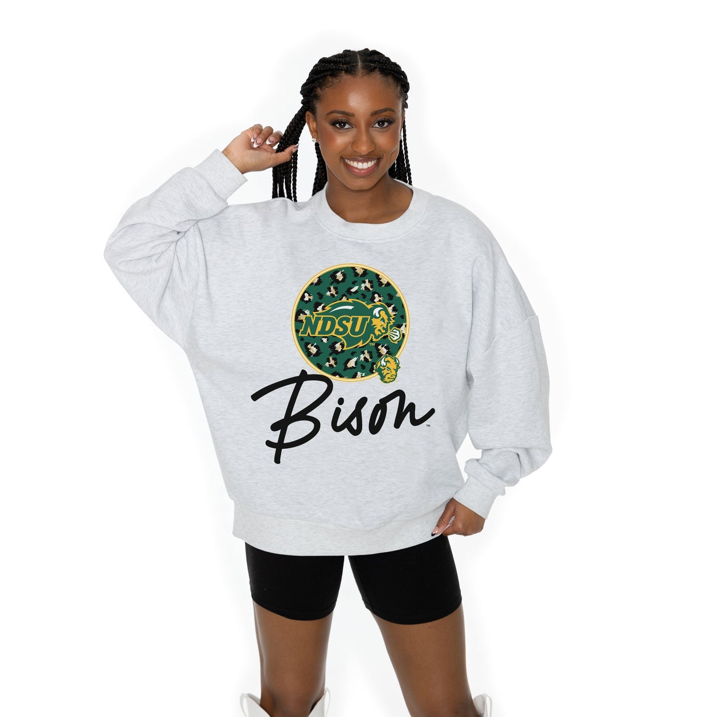 NORTH DAKOTA STATE BISON GOING WILD LONG SLEEVE UNISEX FIT PREMIUM FLEECE CREWNECK SWEATSHIRT WITH RIBBED KNIT NECKLINE, WRIST, AND WAISTBAND