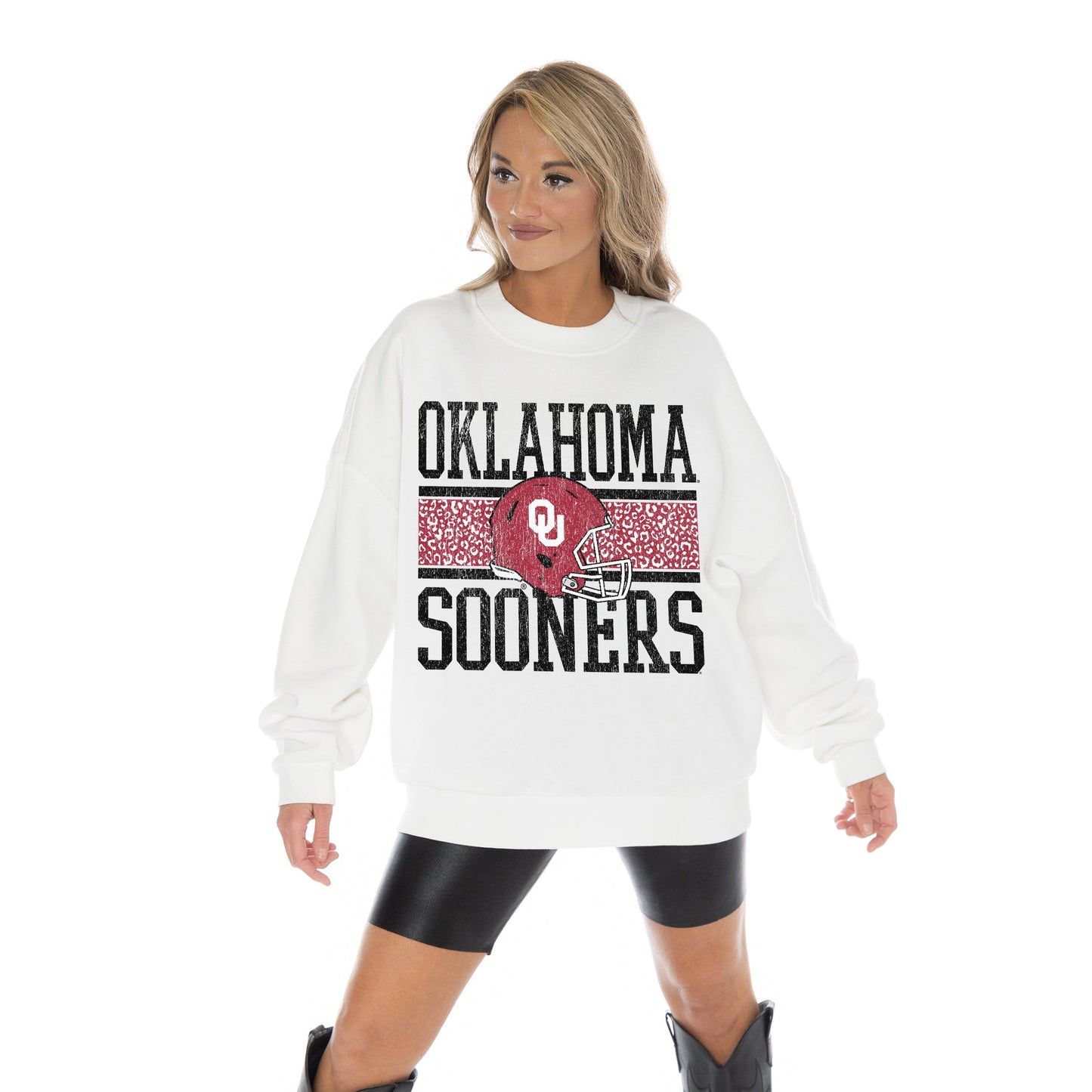 OKLAHOMA SOONERS FAIR CATCH LONG SLEEVE UNISEX FIT PREMIUM FLEECE CREWNECK SWEATSHIRT WITH RIBBED KNIT NECKLINE, WRIST, AND WAISTBAND