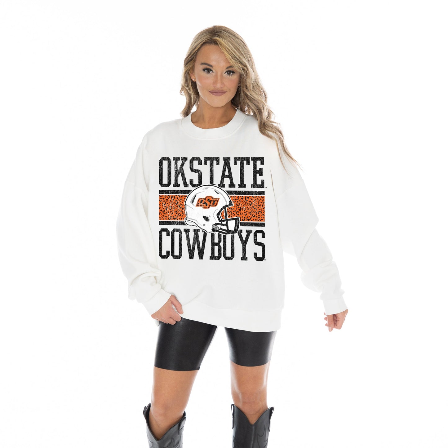 OKLAHOMA STATE COWBOYS FAIR CATCH LONG SLEEVE UNISEX FIT PREMIUM FLEECE CREWNECK SWEATSHIRT WITH RIBBED KNIT NECKLINE, WRIST, AND WAISTBAND