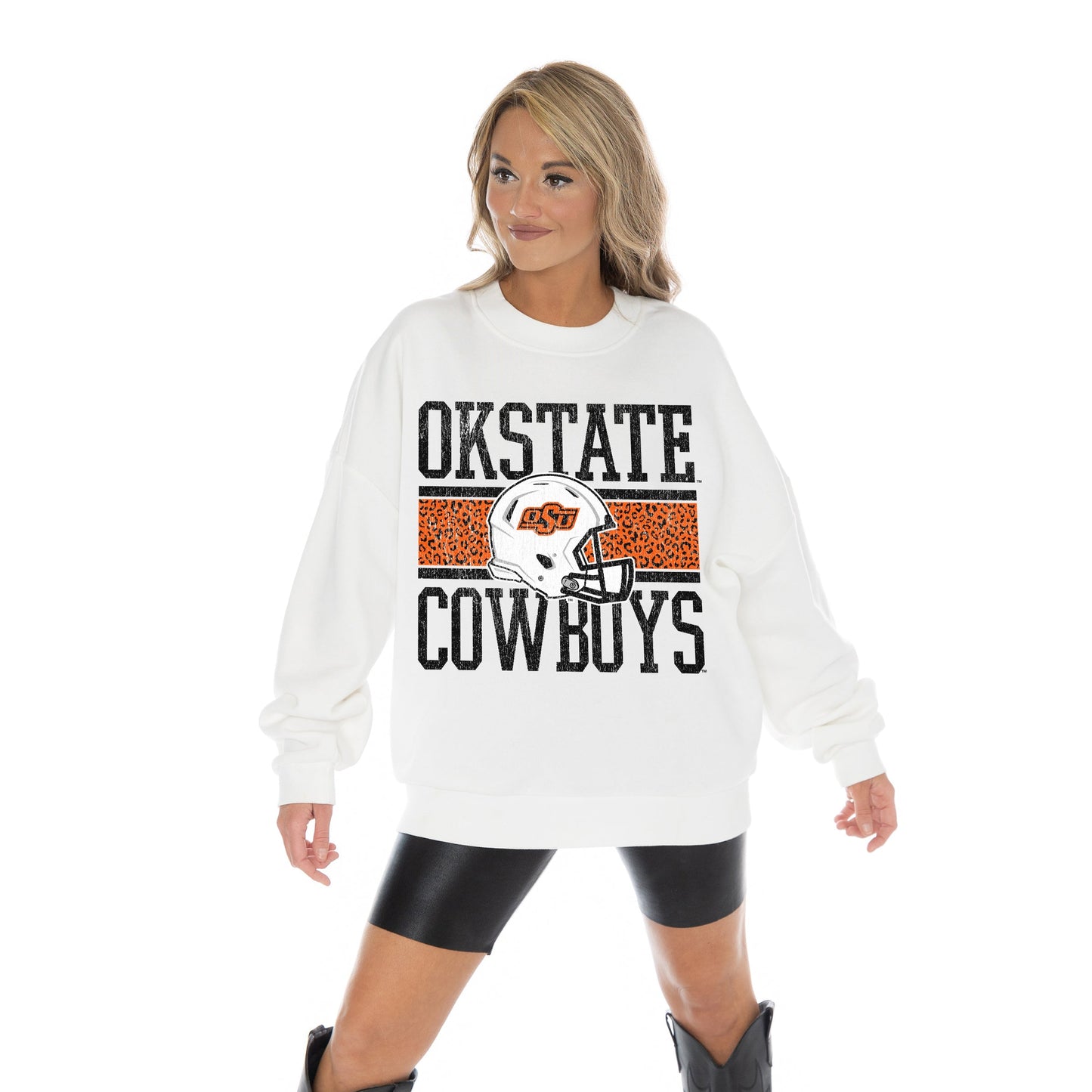 OKLAHOMA STATE COWBOYS FAIR CATCH LONG SLEEVE UNISEX FIT PREMIUM FLEECE CREWNECK SWEATSHIRT WITH RIBBED KNIT NECKLINE, WRIST, AND WAISTBAND