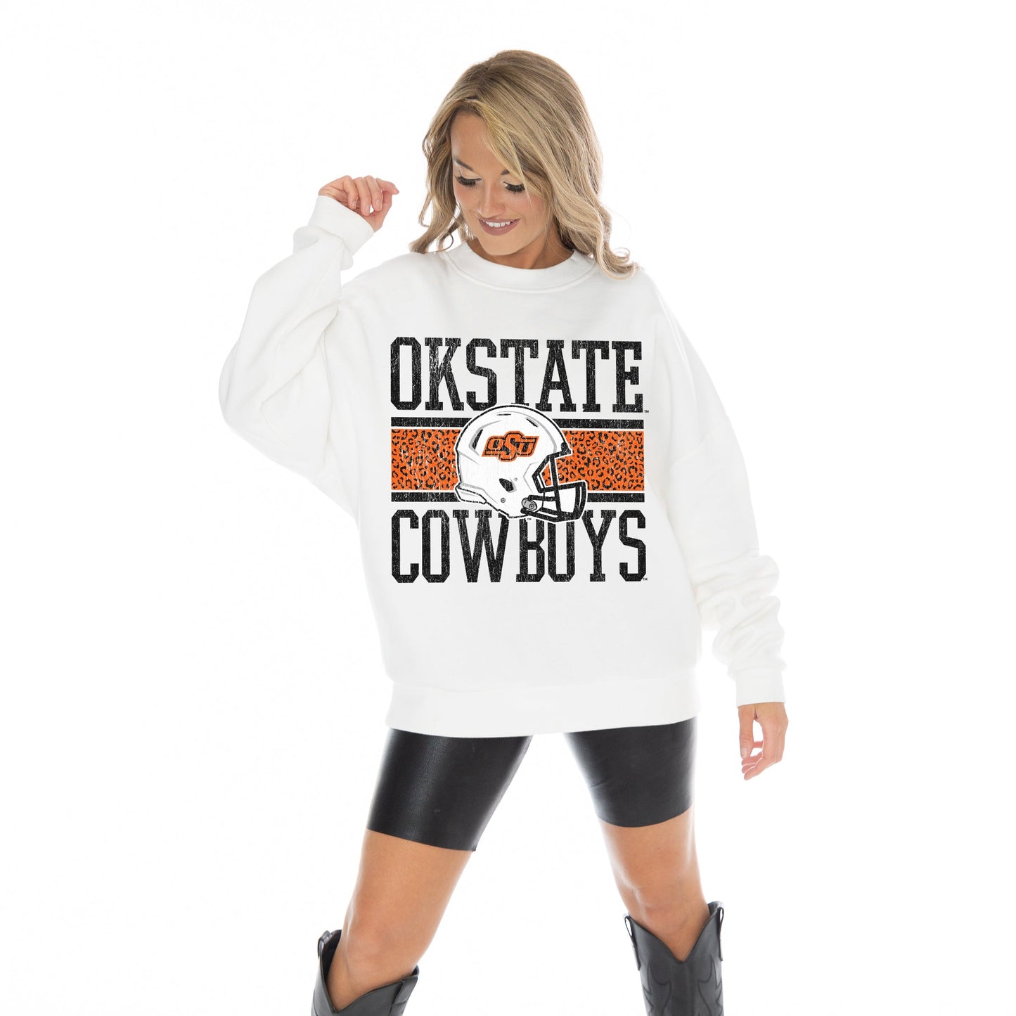 OKLAHOMA STATE COWBOYS FAIR CATCH LONG SLEEVE UNISEX FIT PREMIUM FLEECE CREWNECK SWEATSHIRT WITH RIBBED KNIT NECKLINE, WRIST, AND WAISTBAND