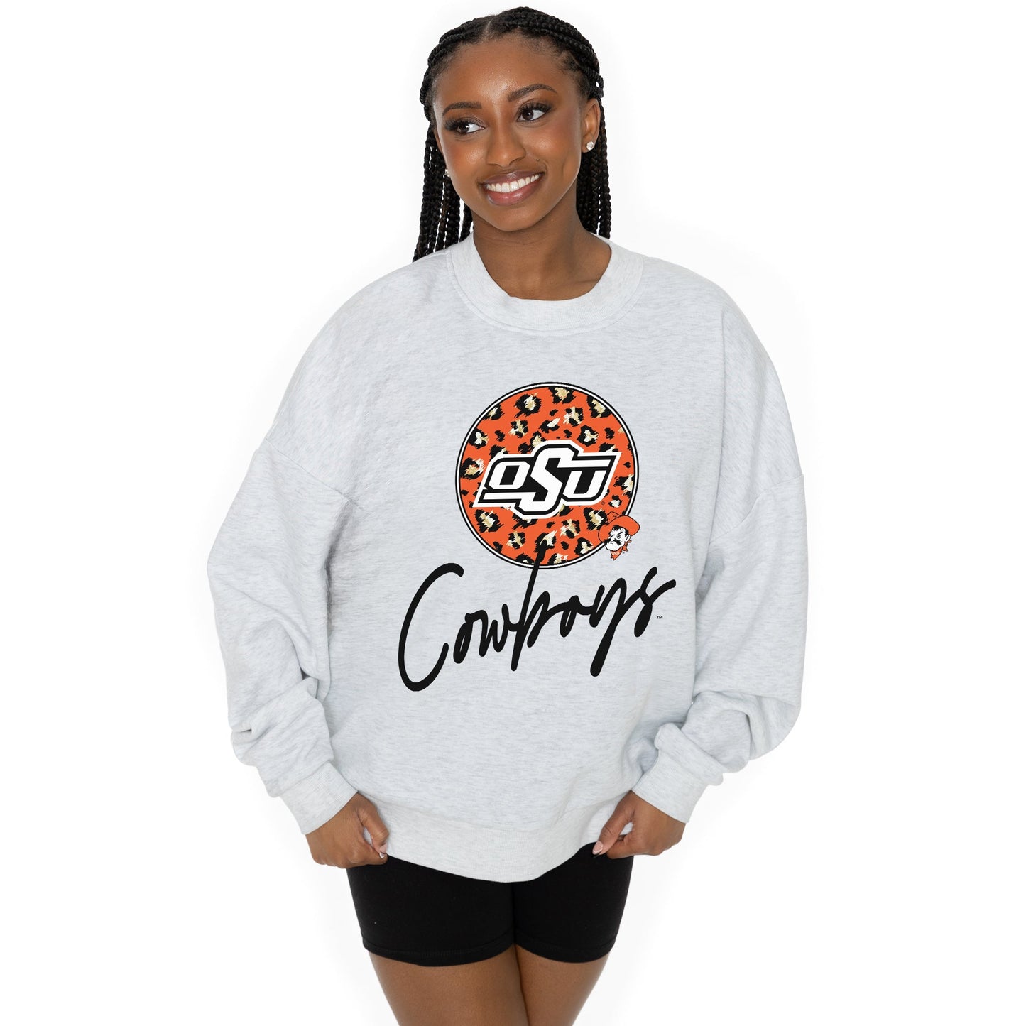 OKLAHOMA STATE COWBOYS GOING WILD LONG SLEEVE UNISEX FIT PREMIUM FLEECE CREWNECK SWEATSHIRT WITH RIBBED KNIT NECKLINE, WRIST, AND WAISTBAND
