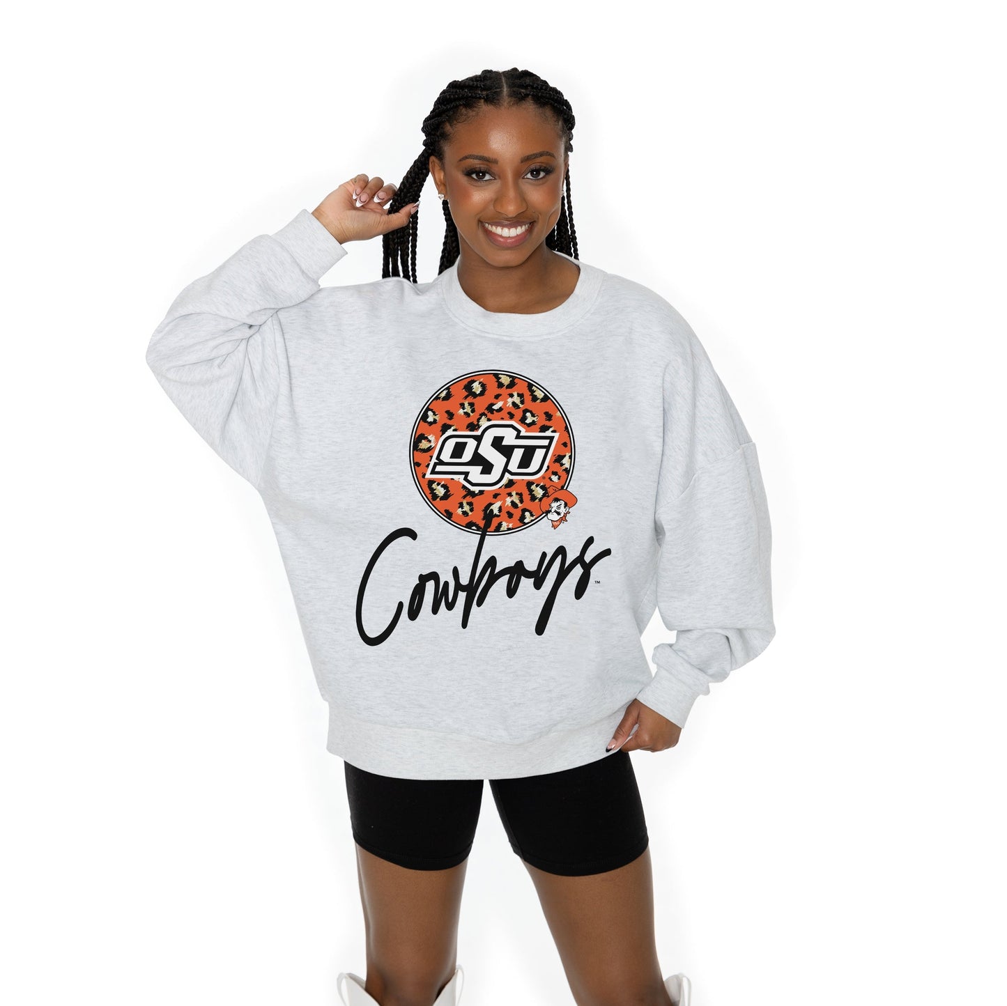 OKLAHOMA STATE COWBOYS GOING WILD LONG SLEEVE UNISEX FIT PREMIUM FLEECE CREWNECK SWEATSHIRT WITH RIBBED KNIT NECKLINE, WRIST, AND WAISTBAND