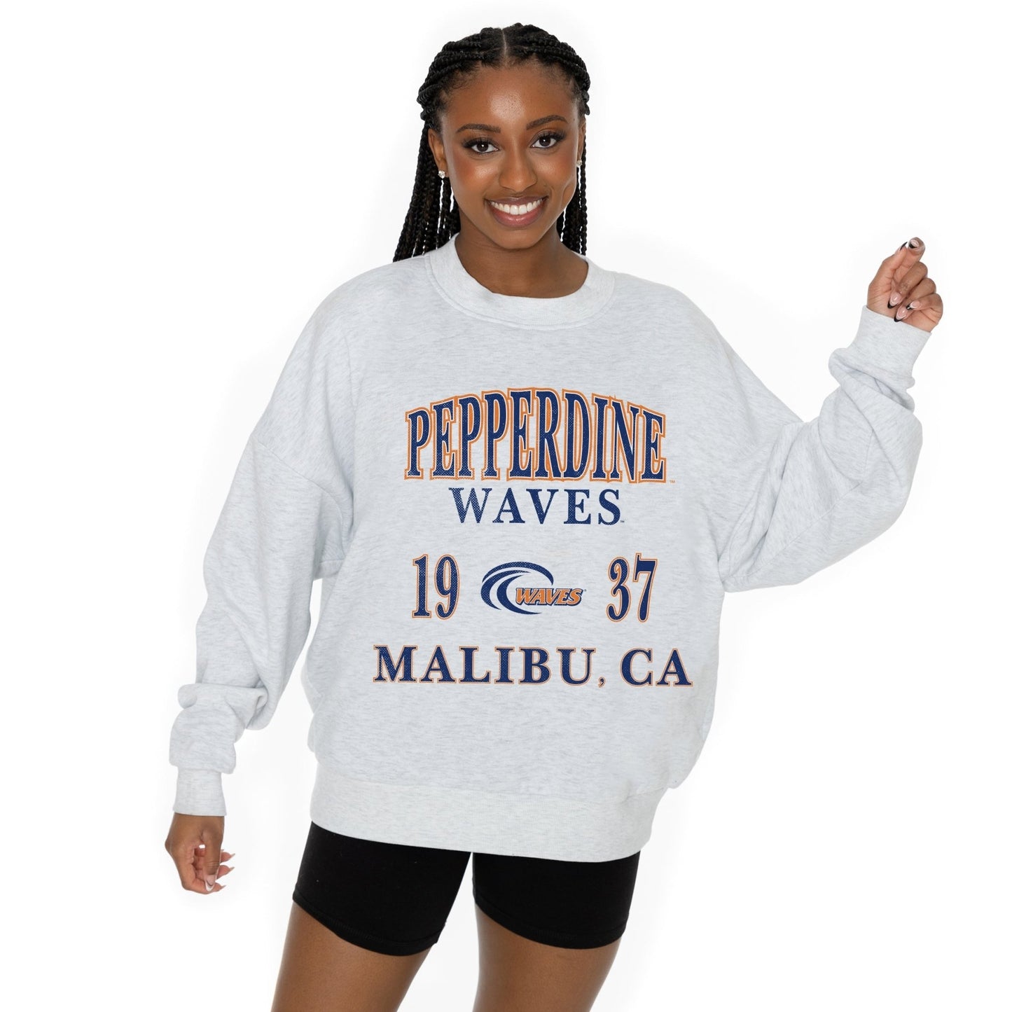 PEPPERDINE WAVES ALLEGIANCE LONG SLEEVE UNISEX FIT PREMIUM FLEECE CREWNECK SWEATSHIRT WITH RIBBED KNIT NECKLINE, WRIST, AND WAISTBAND - The Club