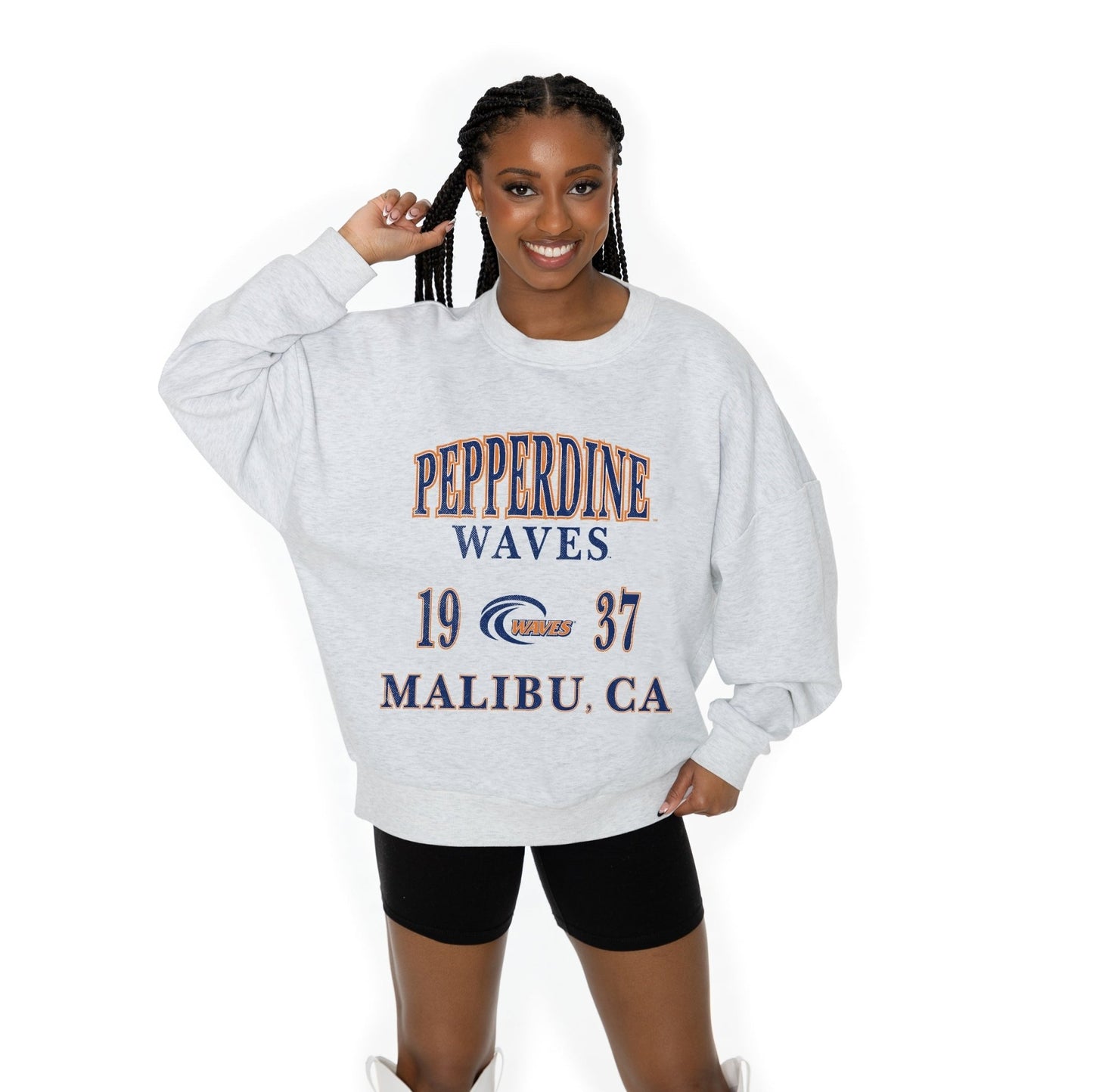 PEPPERDINE WAVES ALLEGIANCE LONG SLEEVE UNISEX FIT PREMIUM FLEECE CREWNECK SWEATSHIRT WITH RIBBED KNIT NECKLINE, WRIST, AND WAISTBAND - The Club