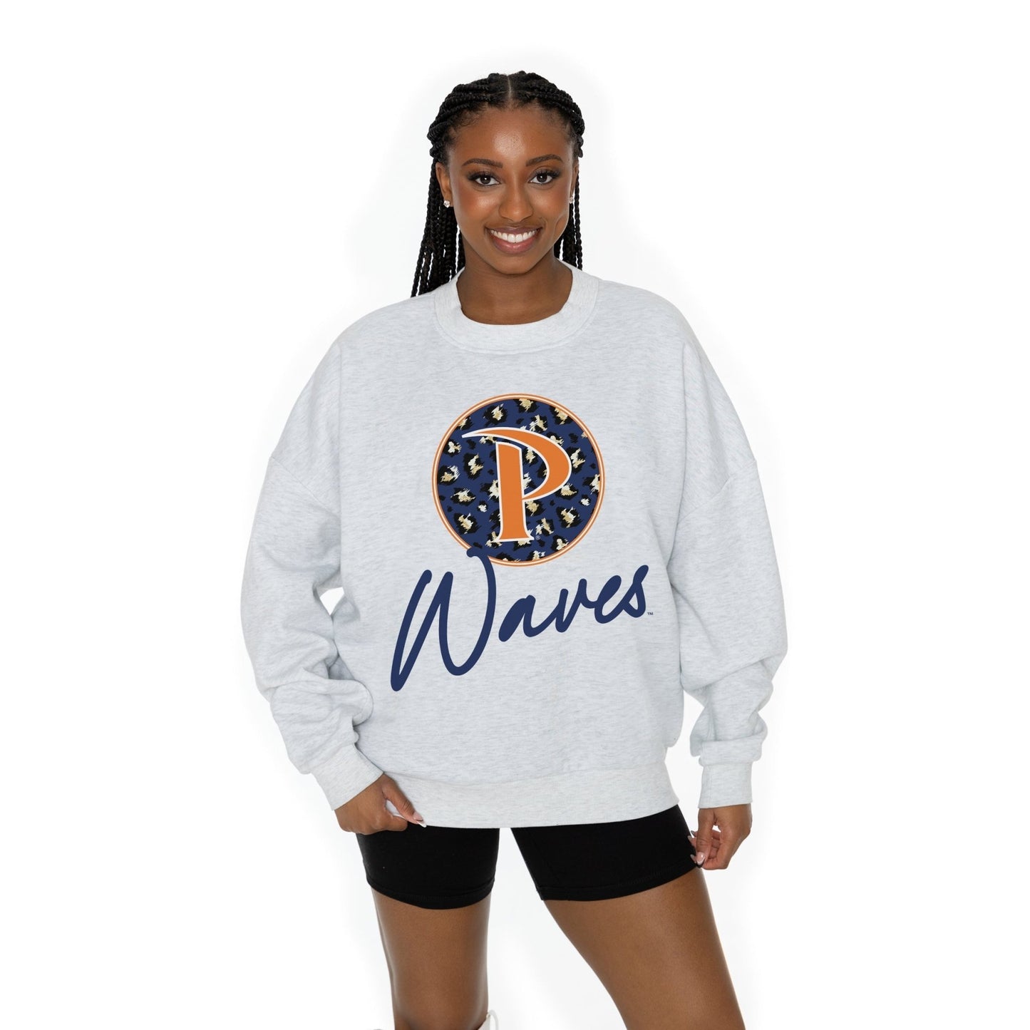 PEPPERDINE WAVES GOING WILD LONG SLEEVE UNISEX FIT PREMIUM FLEECE CREWNECK SWEATSHIRT WITH RIBBED KNIT NECKLINE, WRIST, AND WAISTBAND - The Club