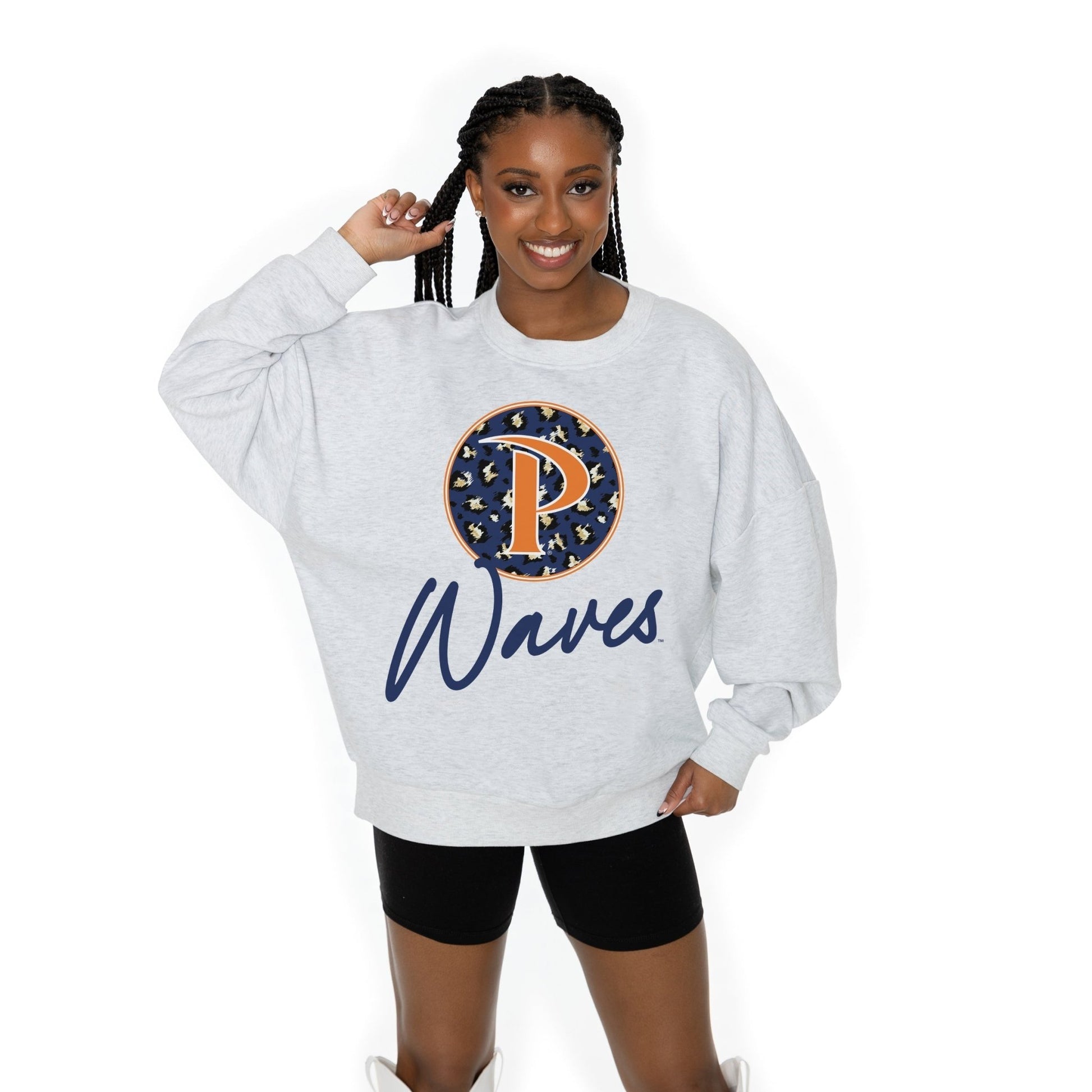 PEPPERDINE WAVES GOING WILD LONG SLEEVE UNISEX FIT PREMIUM FLEECE CREWNECK SWEATSHIRT WITH RIBBED KNIT NECKLINE, WRIST, AND WAISTBAND - The Club