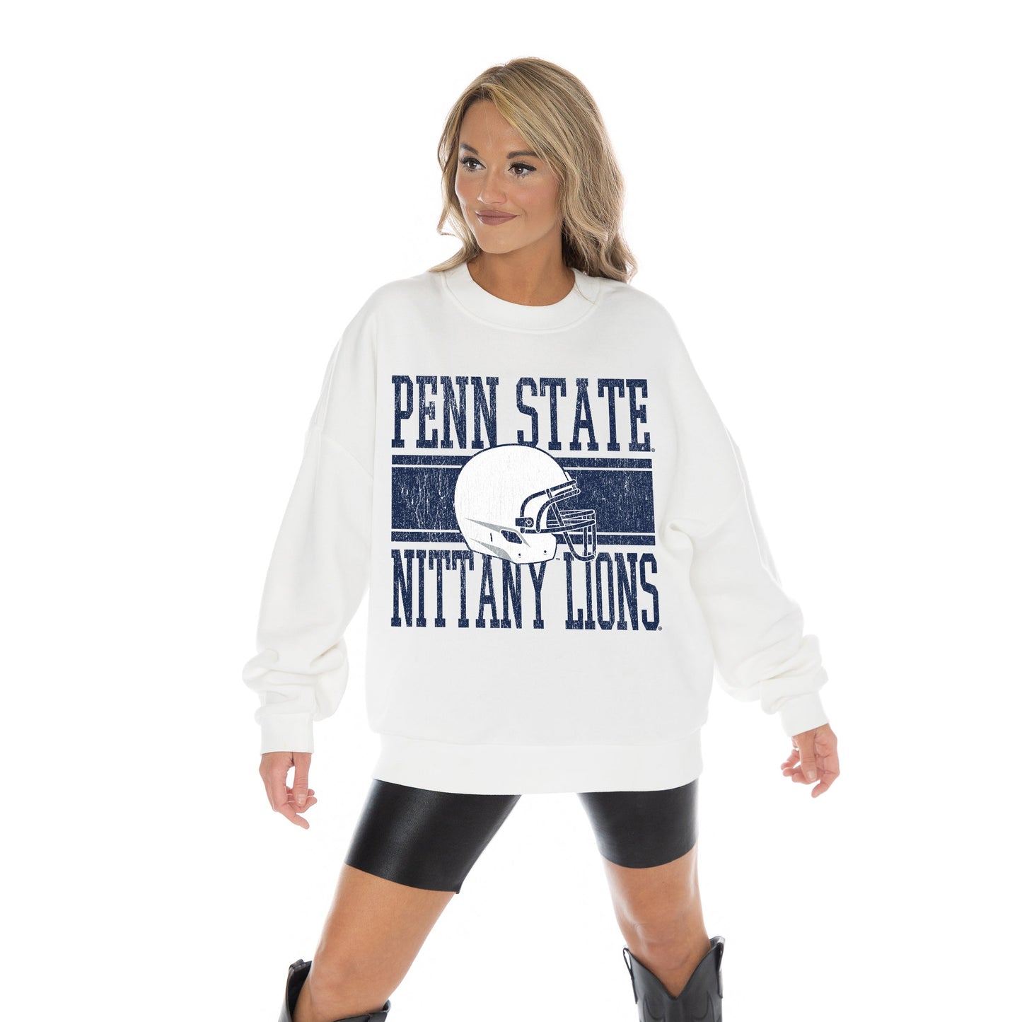 PENN STATE NITTANY LIONS FAIR CATCH LONG SLEEVE UNISEX FIT PREMIUM FLEECE CREWNECK SWEATSHIRT WITH RIBBED KNIT NECKLINE, WRIST, AND WAISTBAND