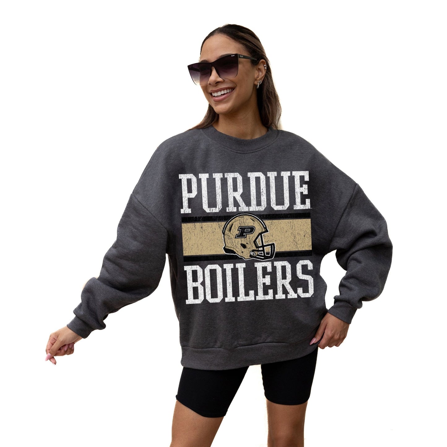 PURDUE BOILERMAKERS WILD TAILGATE LONG SLEEVE UNISEX FIT PREMIUM FLEECE CREWNECK SWEATSHIRT WITH RIBBED KNIT NECKLINE, WRIST, AND WAISTBAND - The Club
