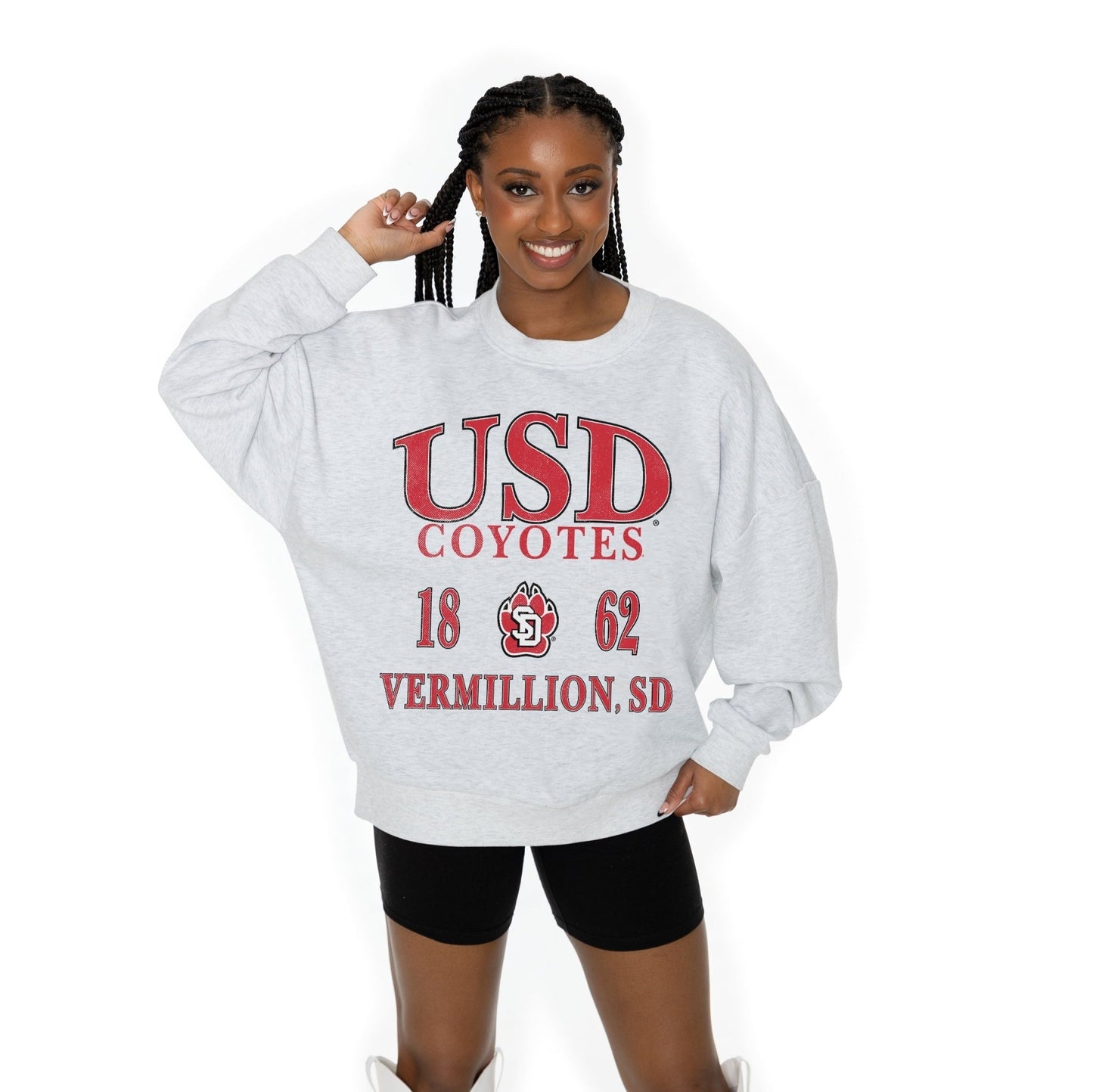 SOUTH DAKOTA COYOTES ALLEGIANCE LONG SLEEVE UNISEX FIT PREMIUM FLEECE CREWNECK SWEATSHIRT WITH RIBBED KNIT NECKLINE, WRIST, AND WAISTBAND - The Club