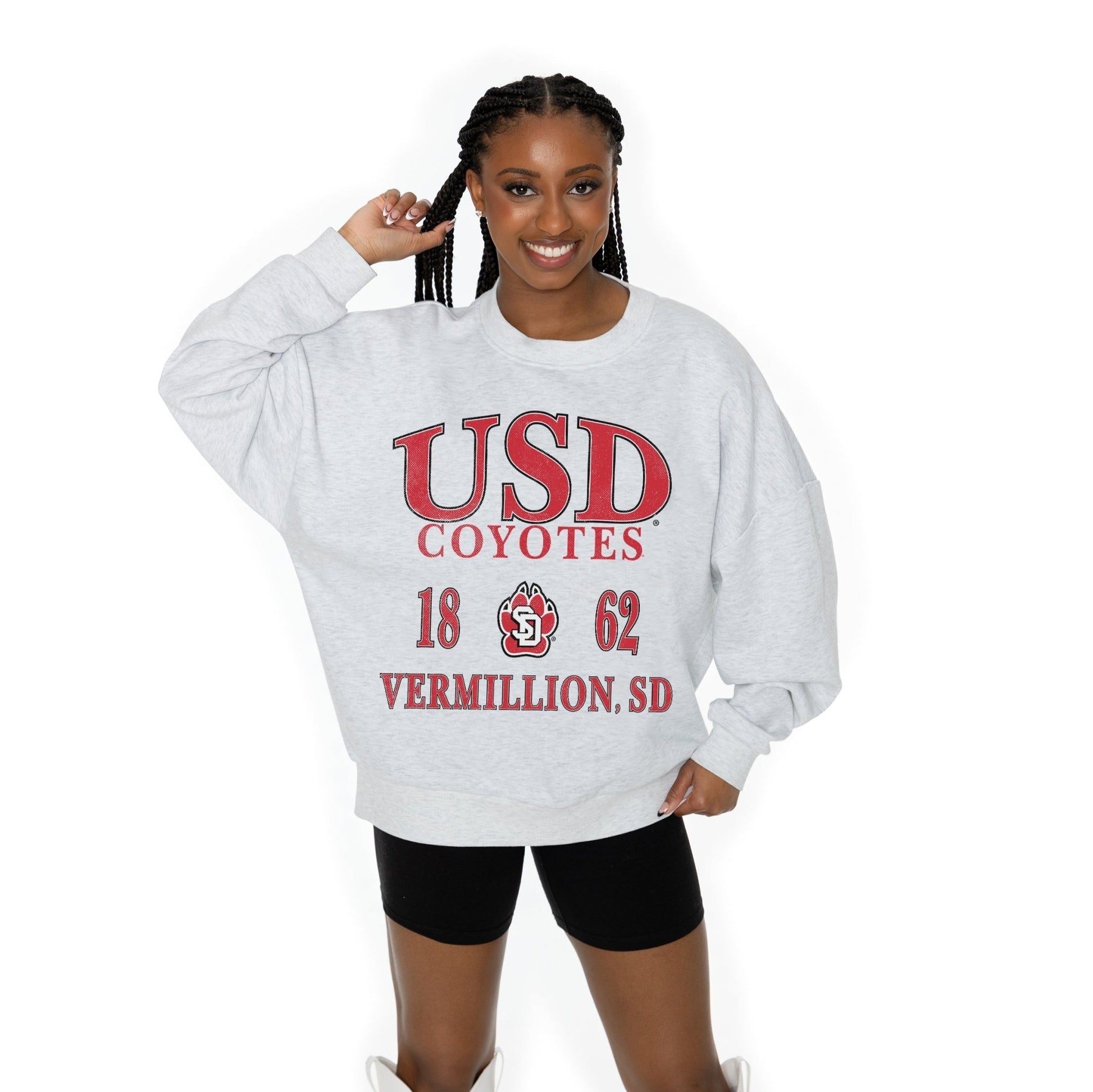 SOUTH DAKOTA COYOTES ALLEGIANCE LONG SLEEVE UNISEX FIT PREMIUM FLEECE CREWNECK SWEATSHIRT WITH RIBBED KNIT NECKLINE, WRIST, AND WAISTBAND - The Club