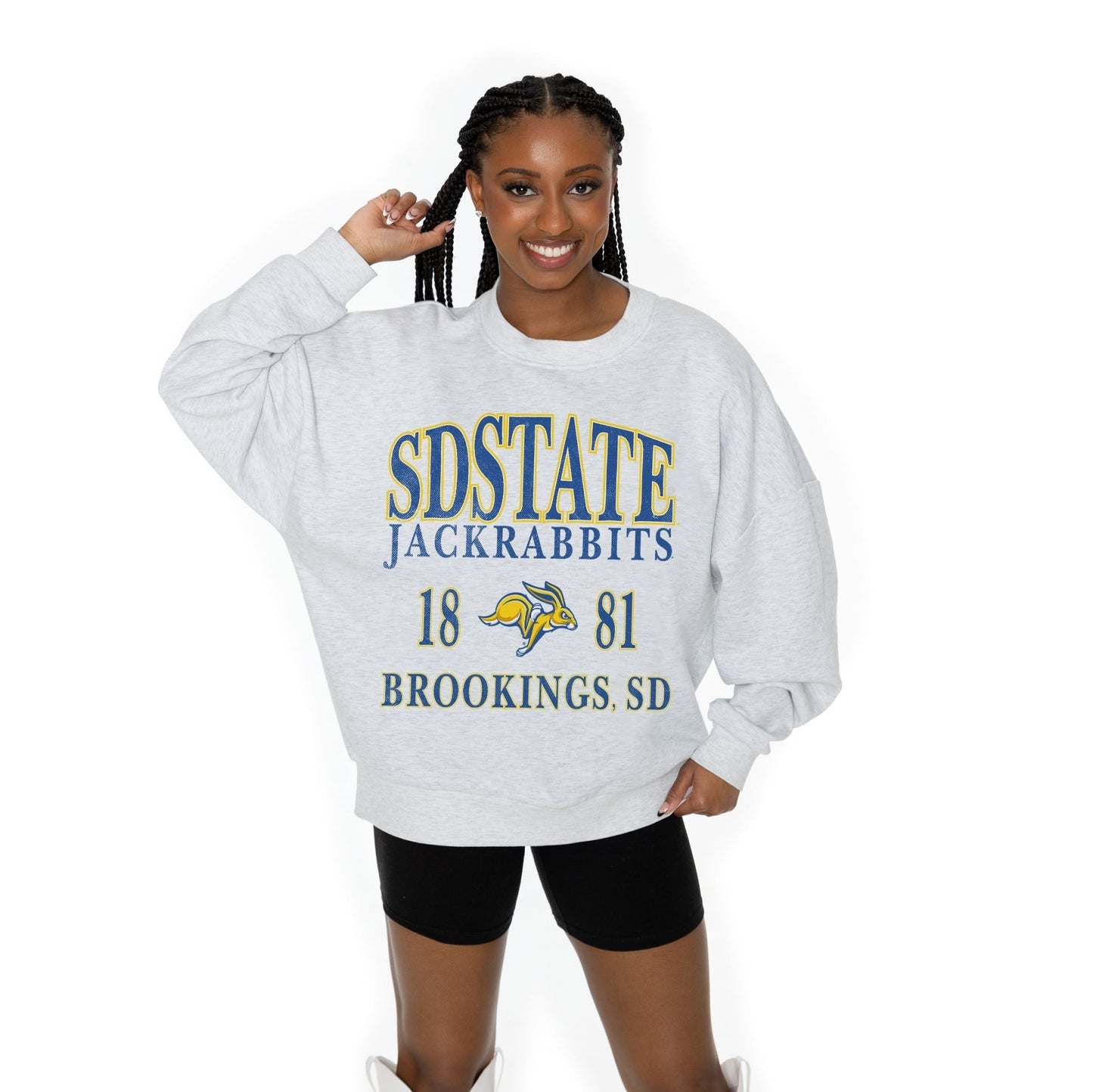 SOUTH DAKOTA STATE JACKRABBITS ALLEGIANCE LONG SLEEVE UNISEX FIT PREMIUM FLEECE CREWNECK SWEATSHIRT WITH RIBBED KNIT NECKLINE, WRIST, AND WAISTBAND - The Club