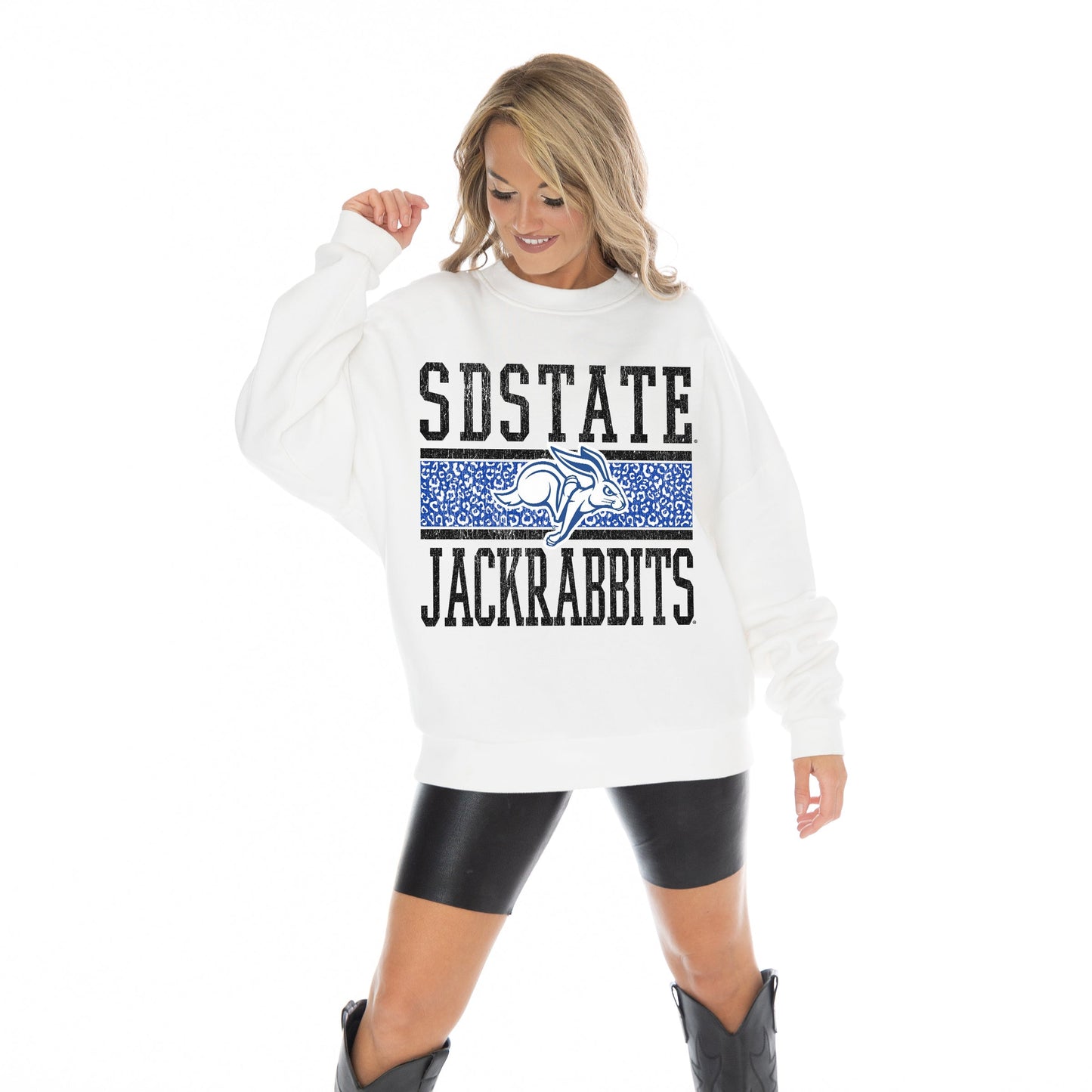SOUTH DAKOTA STATE JACKRABBITS FAIR CATCH LONG SLEEVE UNISEX FIT PREMIUM FLEECE CREWNECK SWEATSHIRT WITH RIBBED KNIT NECKLINE, WRIST, AND WAISTBAND