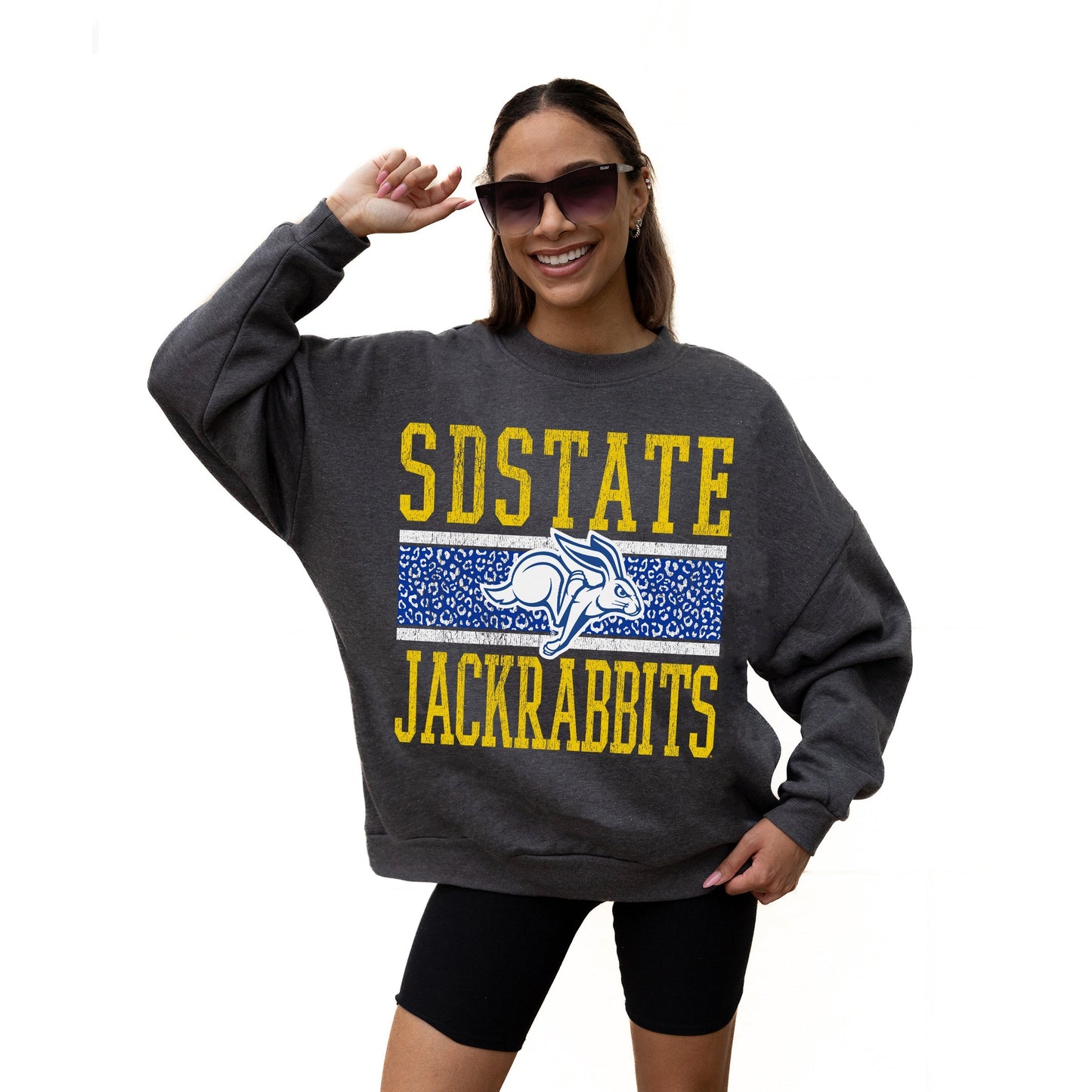 SOUTH DAKOTA STATE JACKRABBITS WILD TAILGATE LONG SLEEVE UNISEX FIT PREMIUM FLEECE CREWNECK SWEATSHIRT WITH RIBBED KNIT NECKLINE, WRIST, AND WAISTBAND