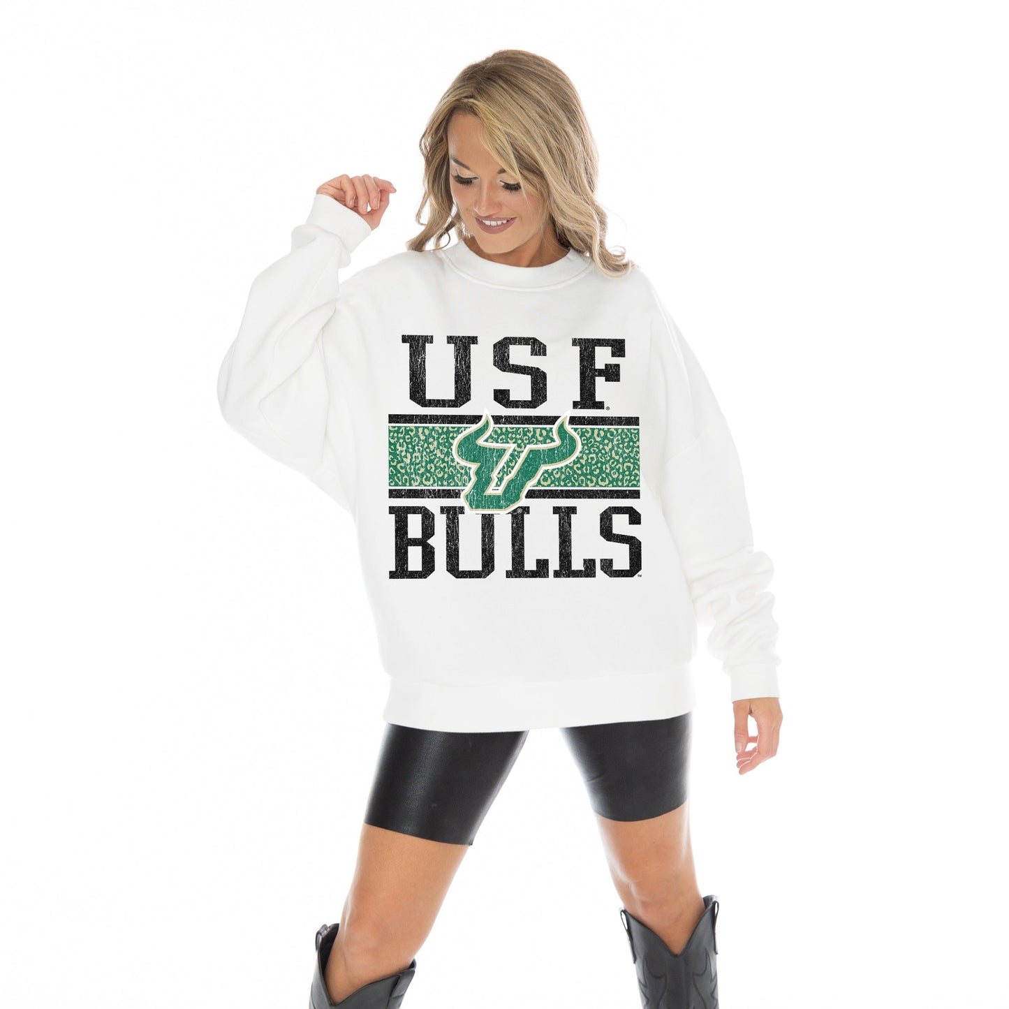SOUTH FLORIDA BULLS FAIR CATCH LONG SLEEVE UNISEX FIT PREMIUM FLEECE CREWNECK SWEATSHIRT WITH RIBBED KNIT NECKLINE, WRIST, AND WAISTBAND