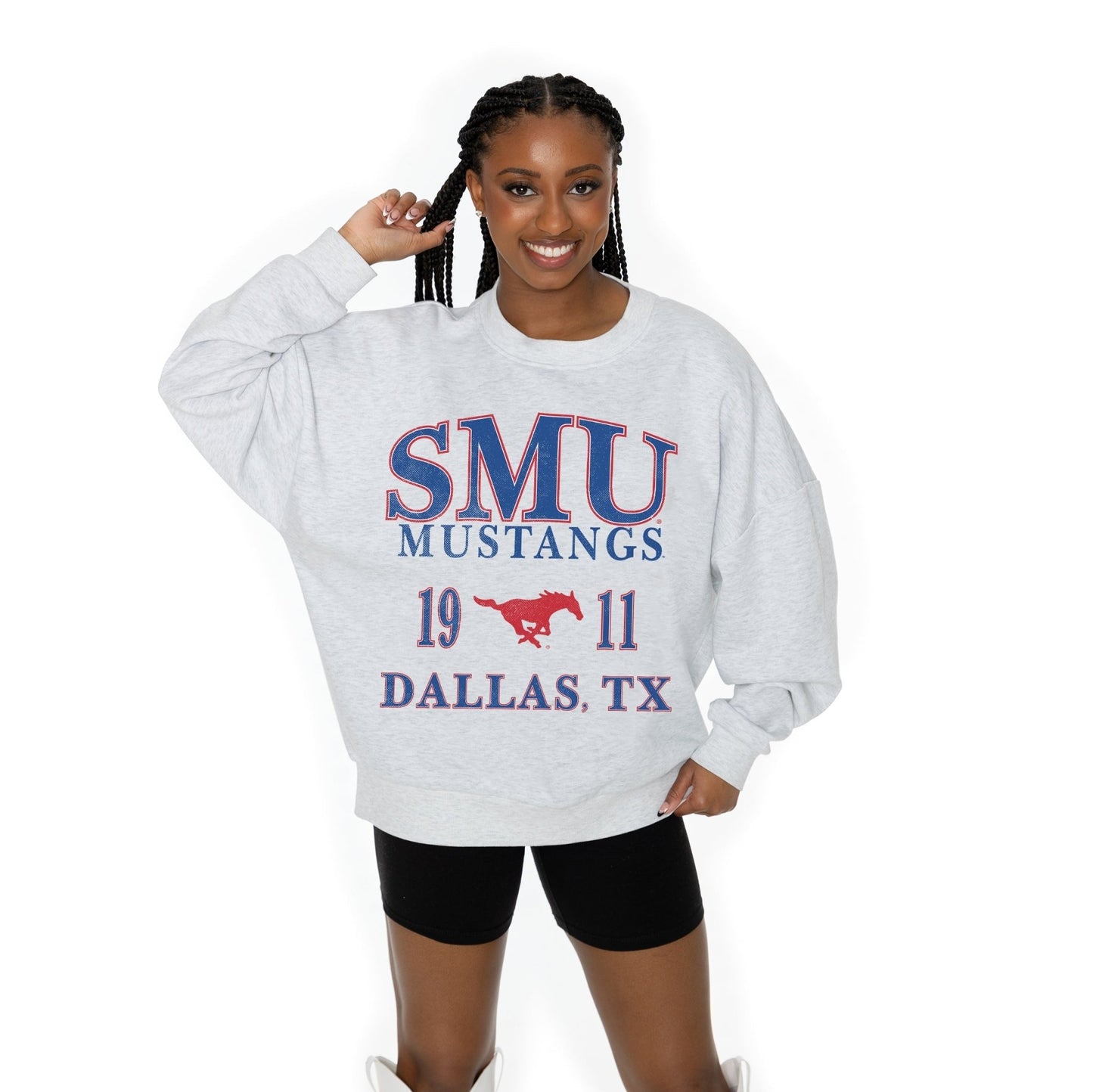 SMU MUSTANGS ALLEGIANCE LONG SLEEVE UNISEX FIT PREMIUM FLEECE CREWNECK SWEATSHIRT WITH RIBBED KNIT NECKLINE, WRIST, AND WAISTBAND - The Club