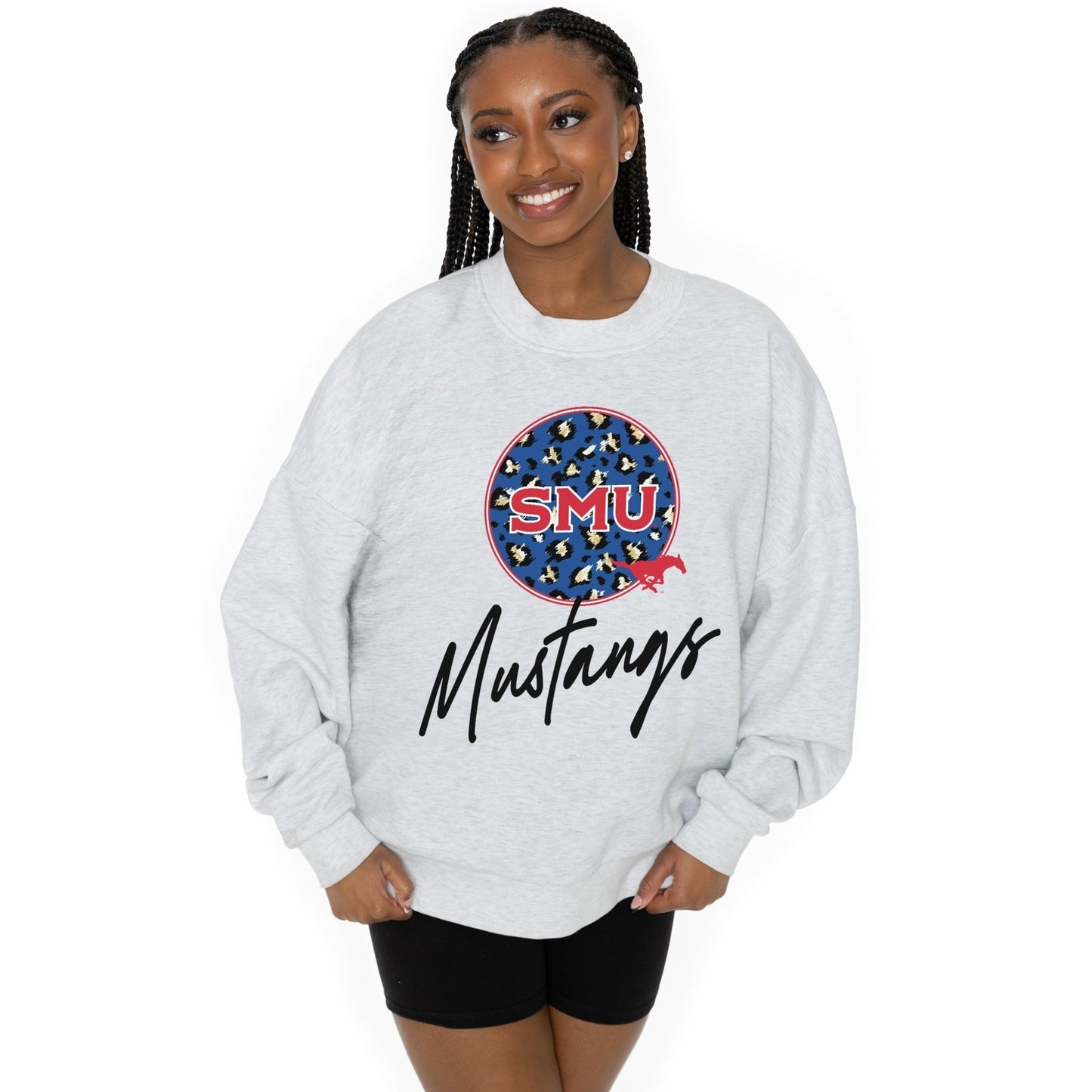 SMU MUSTANGS GOING WILD LONG SLEEVE UNISEX FIT PREMIUM FLEECE CREWNECK SWEATSHIRT WITH RIBBED KNIT NECKLINE, WRIST, AND WAISTBAND - The Club