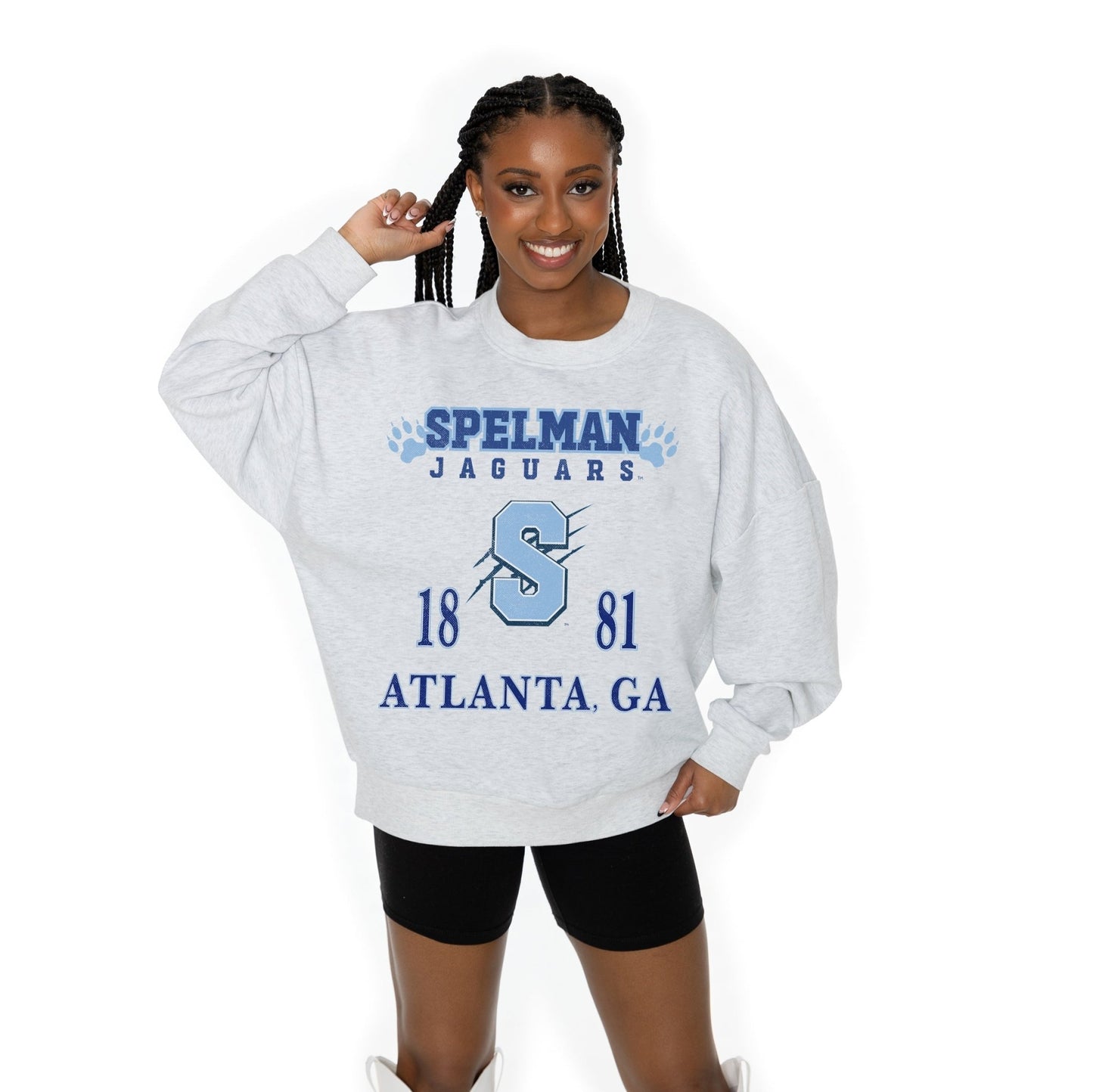SPELMAN COLLEGE JAGUARS ALLEGIANCE LONG SLEEVE UNISEX FIT PREMIUM FLEECE CREWNECK SWEATSHIRT WITH RIBBED KNIT NECKLINE, WRIST, AND WAISTBAND - The Club