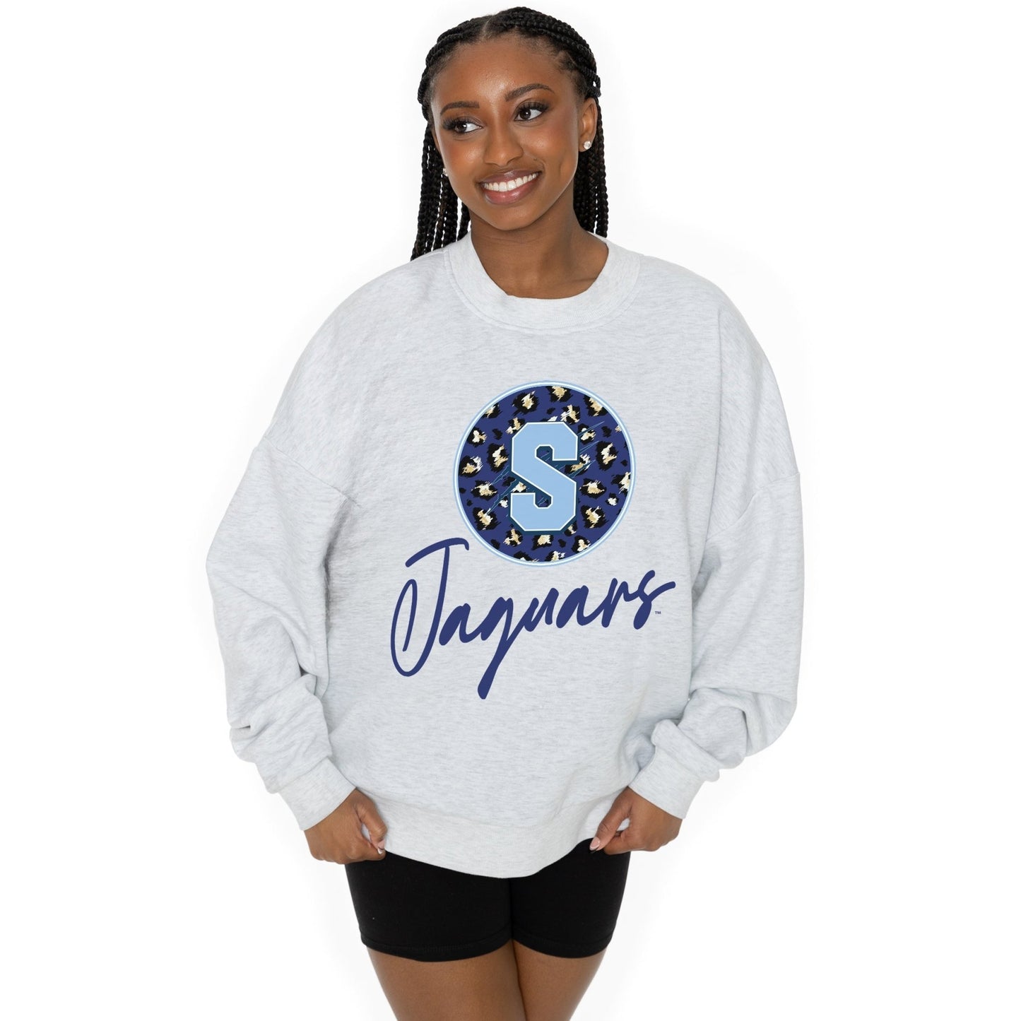 SPELMAN COLLEGE JAGUARS GOING WILD LONG SLEEVE UNISEX FIT PREMIUM FLEECE CREWNECK SWEATSHIRT WITH RIBBED KNIT NECKLINE, WRIST, AND WAISTBAND - The Club