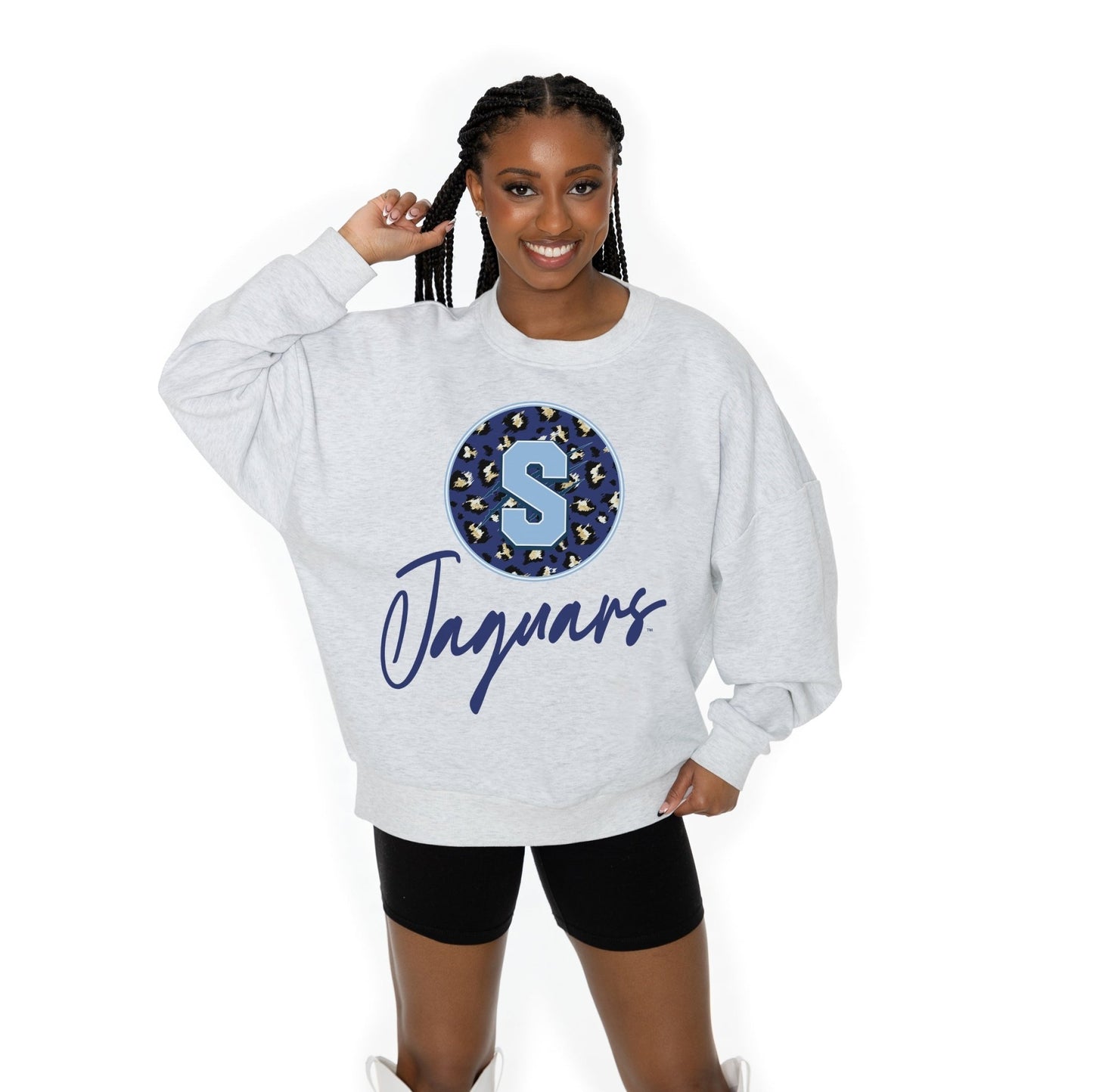 SPELMAN COLLEGE JAGUARS GOING WILD LONG SLEEVE UNISEX FIT PREMIUM FLEECE CREWNECK SWEATSHIRT WITH RIBBED KNIT NECKLINE, WRIST, AND WAISTBAND - The Club