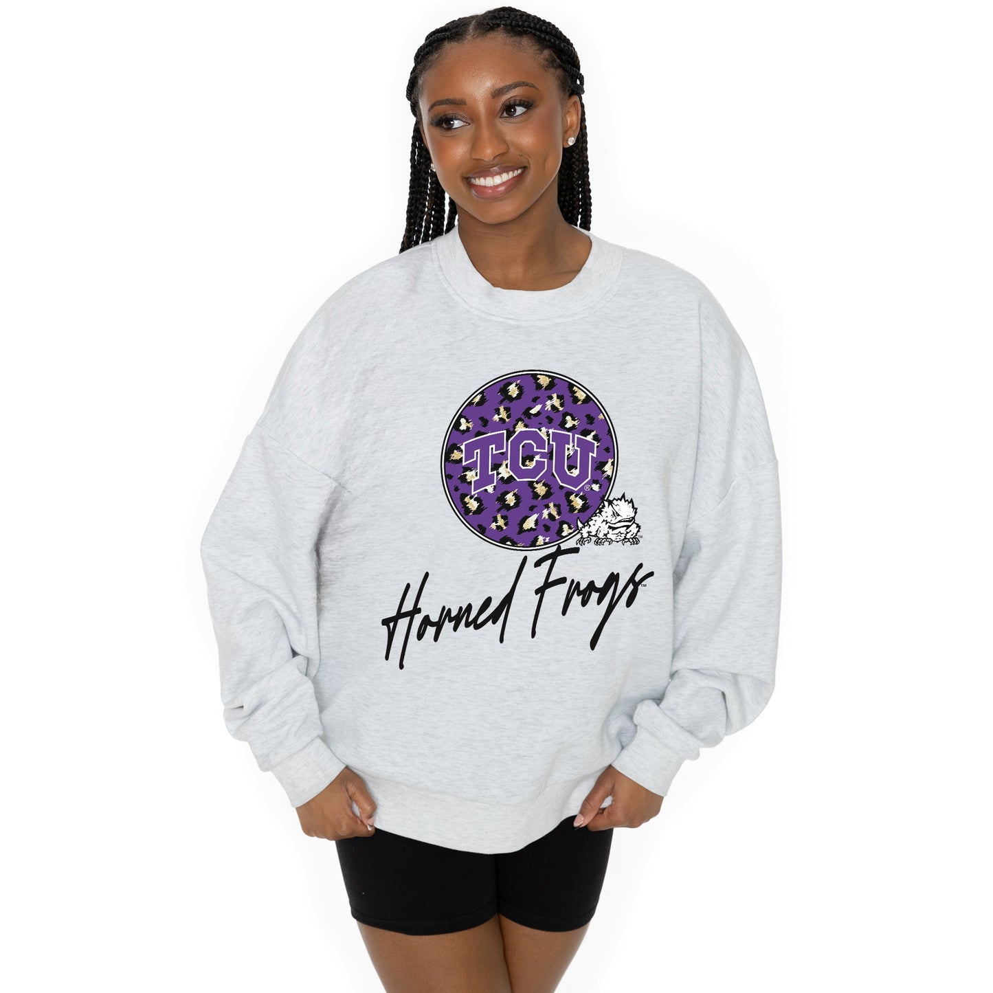 TCU HORNED FROGS GOING WILD LONG SLEEVE UNISEX FIT PREMIUM FLEECE CREWNECK SWEATSHIRT WITH RIBBED KNIT NECKLINE, WRIST, AND WAISTBAND