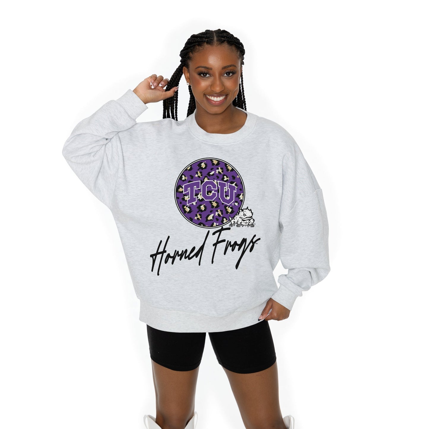 TCU HORNED FROGS GOING WILD LONG SLEEVE UNISEX FIT PREMIUM FLEECE CREWNECK SWEATSHIRT WITH RIBBED KNIT NECKLINE, WRIST, AND WAISTBAND