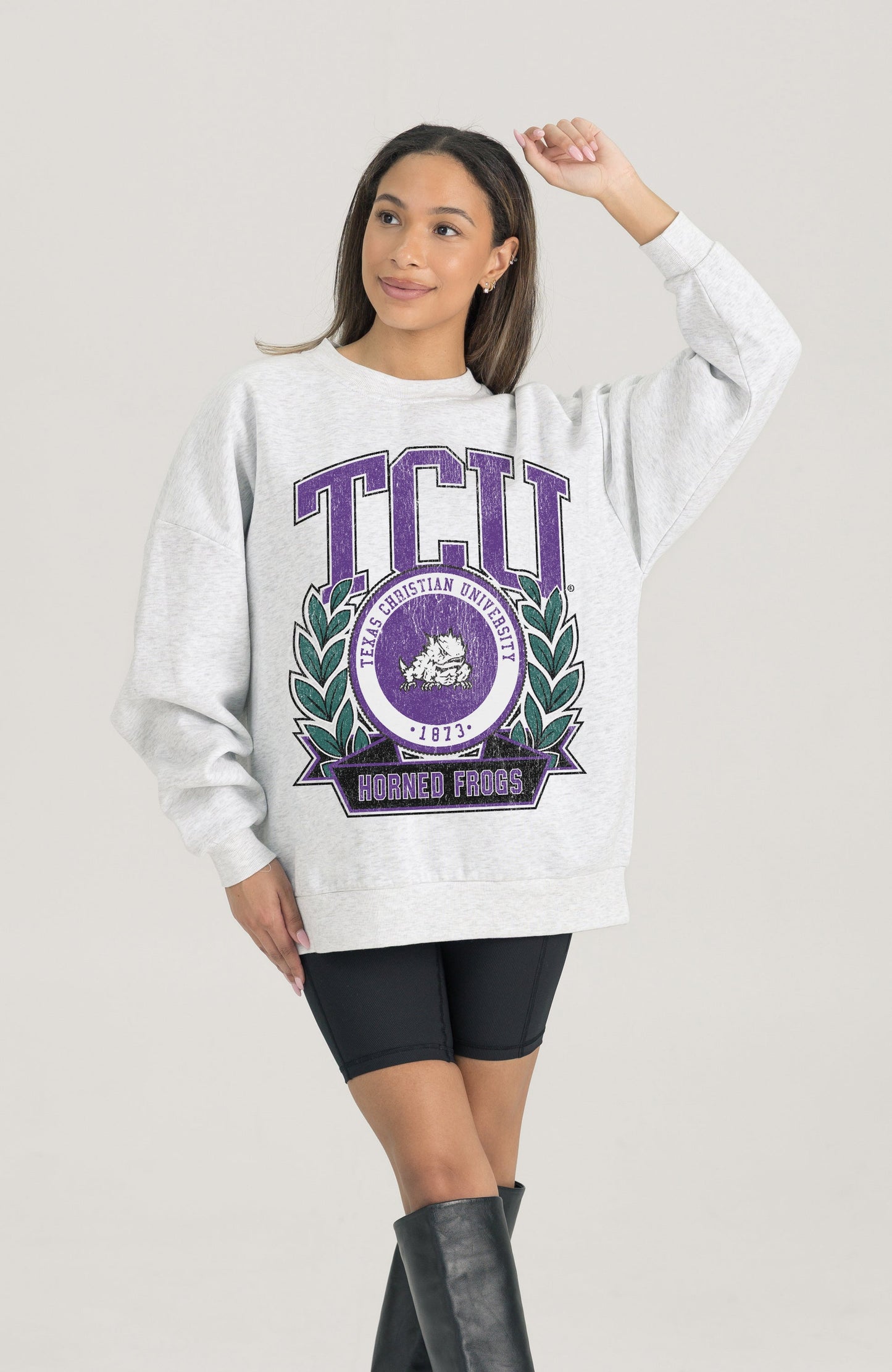 TCU HORNED FROGS HERITAGE PREMIUM FLEECE DROP SHOULDER CREWNECK PULLOVER