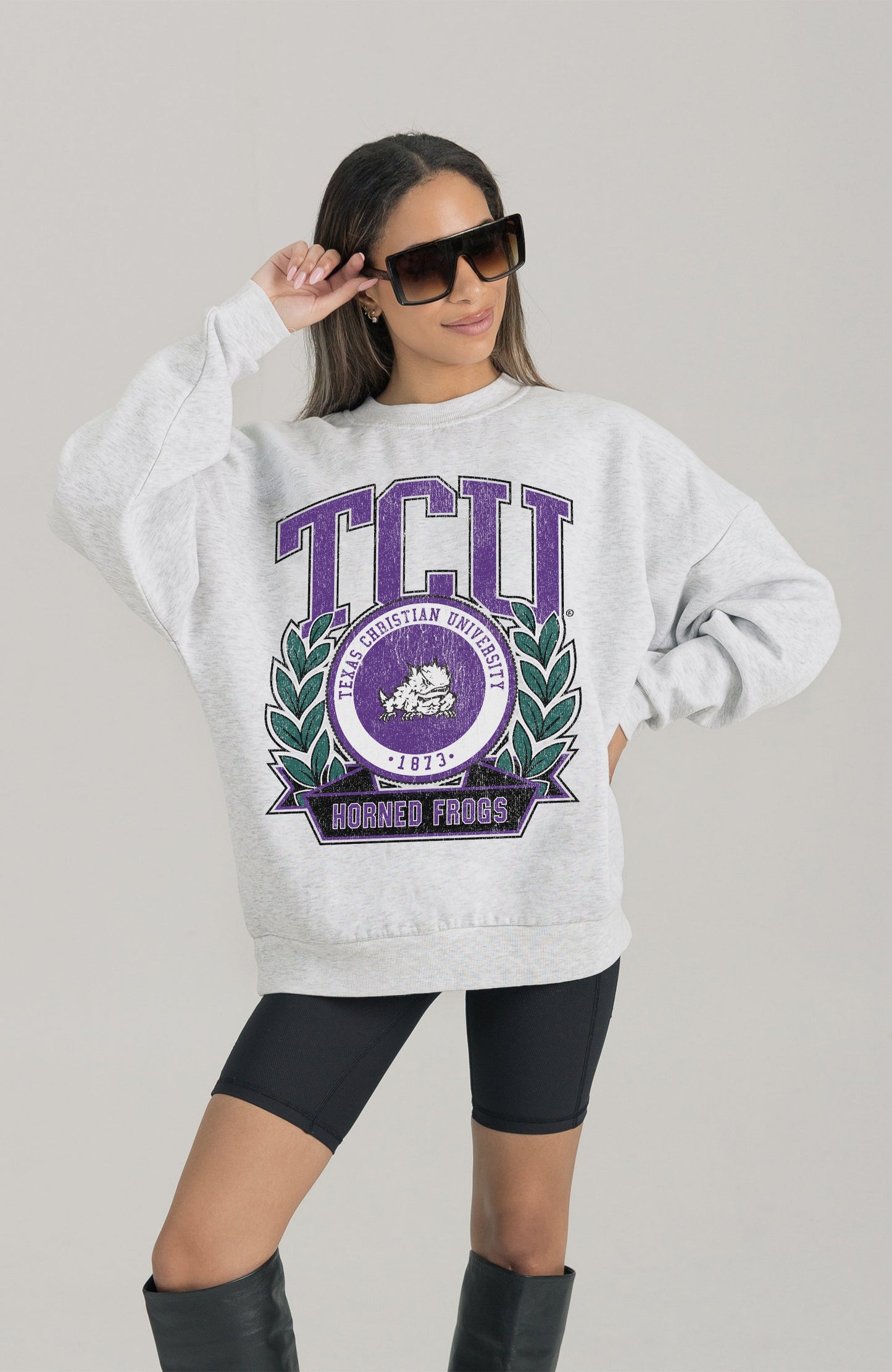 TCU HORNED FROGS HERITAGE PREMIUM FLEECE DROP SHOULDER CREWNECK PULLOVER