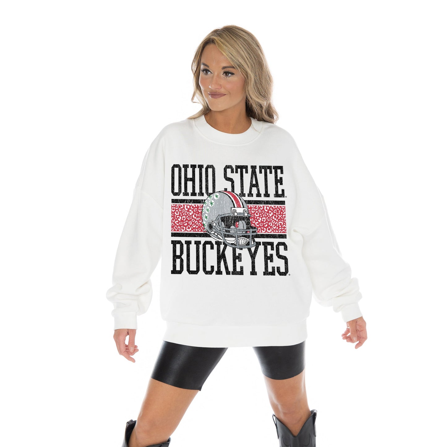 OHIO STATE BUCKEYES FAIR CATCH LONG SLEEVE UNISEX FIT PREMIUM FLEECE CREWNECK SWEATSHIRT WITH RIBBED KNIT NECKLINE, WRIST, AND WAISTBAND