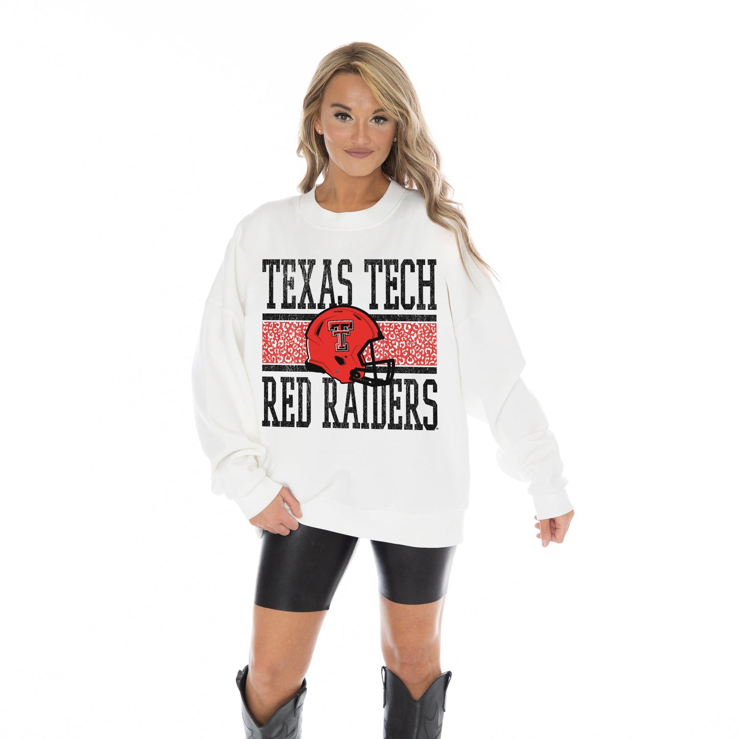 TEXAS TECH RED RAIDERS FAIR CATCH LONG SLEEVE UNISEX FIT PREMIUM FLEECE CREWNECK SWEATSHIRT WITH RIBBED KNIT NECKLINE, WRIST, AND WAISTBAND