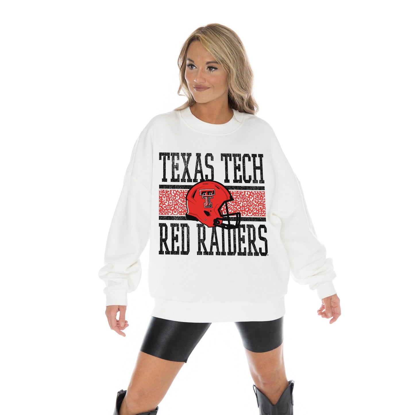 TEXAS TECH RED RAIDERS FAIR CATCH LONG SLEEVE UNISEX FIT PREMIUM FLEECE CREWNECK SWEATSHIRT WITH RIBBED KNIT NECKLINE, WRIST, AND WAISTBAND