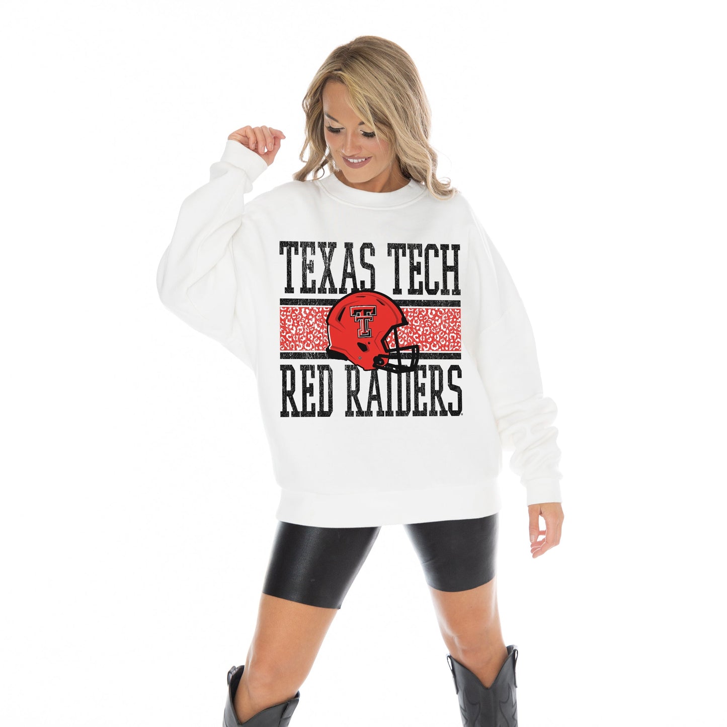 TEXAS TECH RED RAIDERS FAIR CATCH LONG SLEEVE UNISEX FIT PREMIUM FLEECE CREWNECK SWEATSHIRT WITH RIBBED KNIT NECKLINE, WRIST, AND WAISTBAND