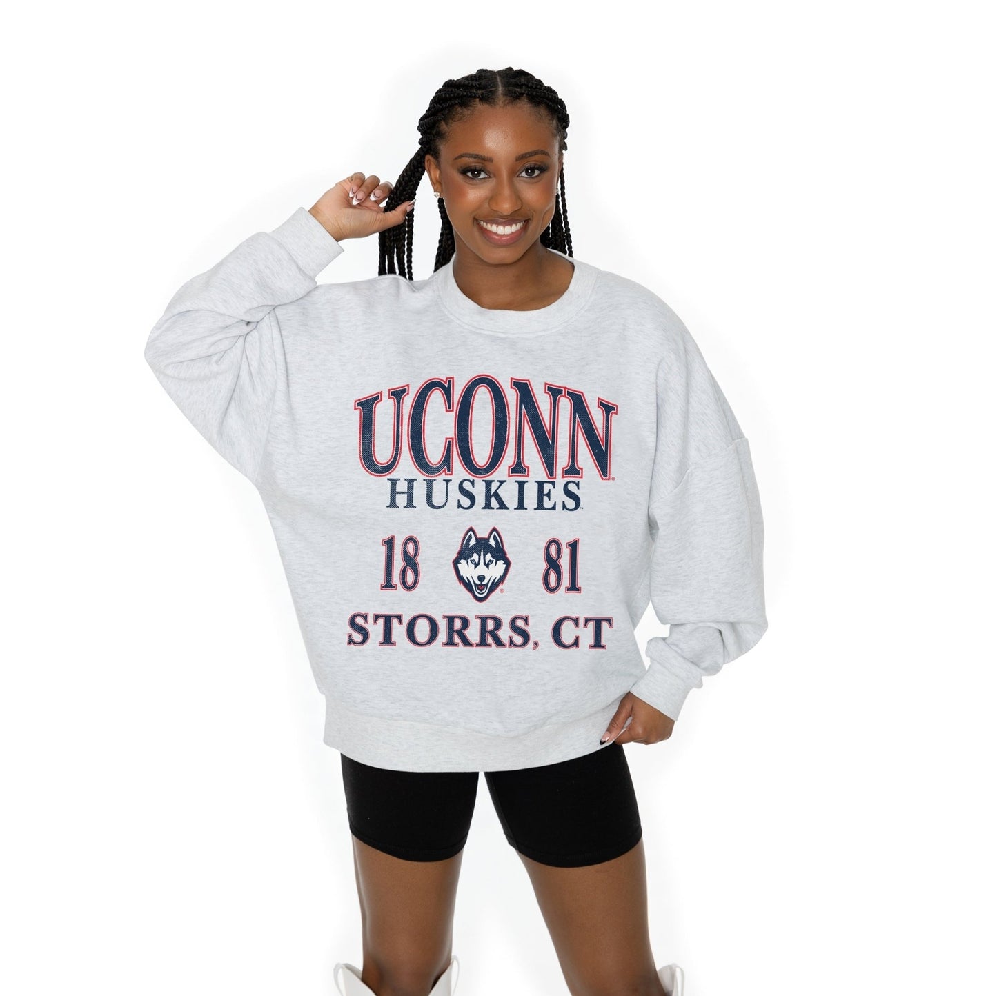 UCONN HUSKIES ALLEGIANCE LONG SLEEVE UNISEX FIT PREMIUM FLEECE CREWNECK SWEATSHIRT WITH RIBBED KNIT NECKLINE, WRIST, AND WAISTBAND - The Club