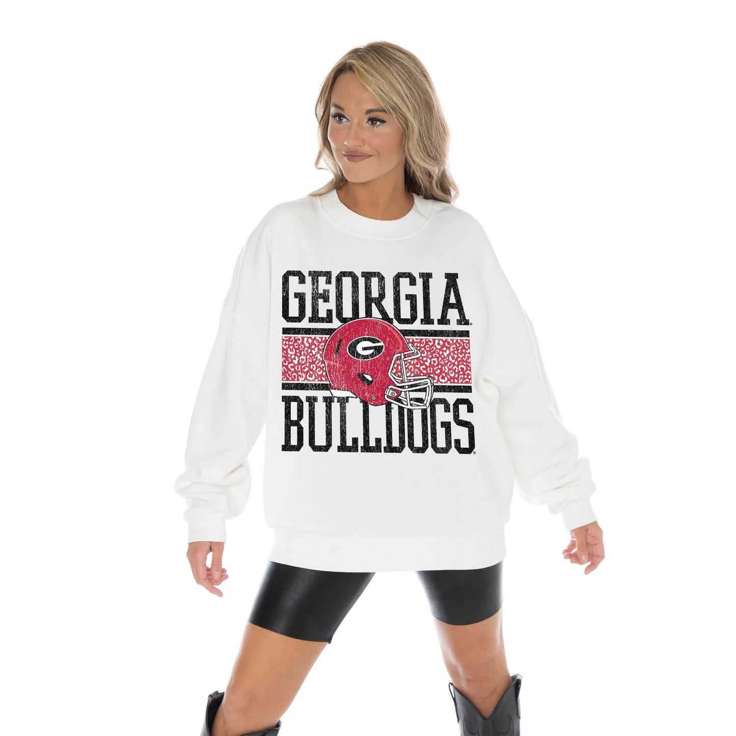 GEORGIA BULLDOGS FAIR CATCH LONG SLEEVE UNISEX FIT PREMIUM FLEECE CREWNECK SWEATSHIRT WITH RIBBED KNIT NECKLINE, WRIST, AND WAISTBAND