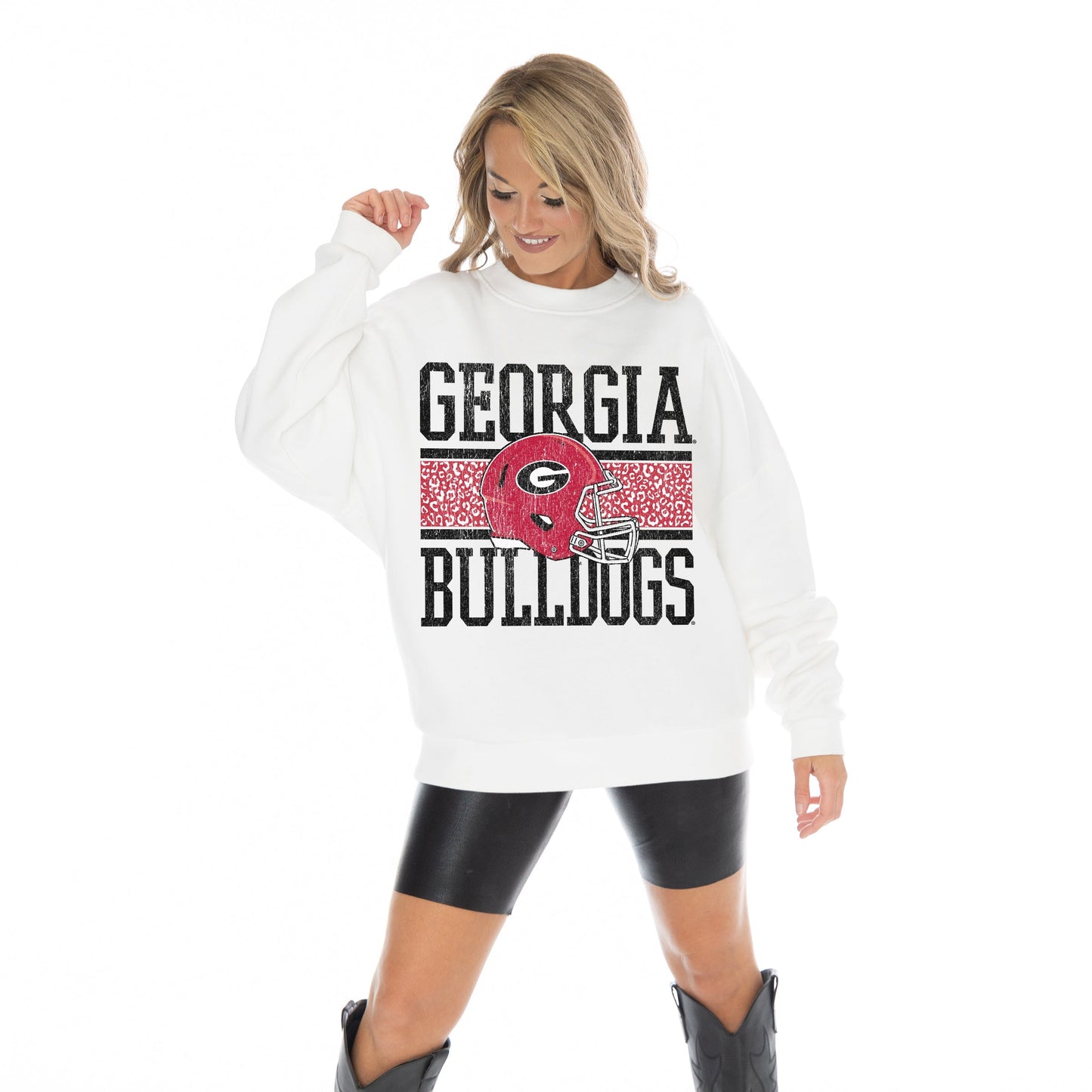 GEORGIA BULLDOGS FAIR CATCH LONG SLEEVE UNISEX FIT PREMIUM FLEECE CREWNECK SWEATSHIRT WITH RIBBED KNIT NECKLINE, WRIST, AND WAISTBAND