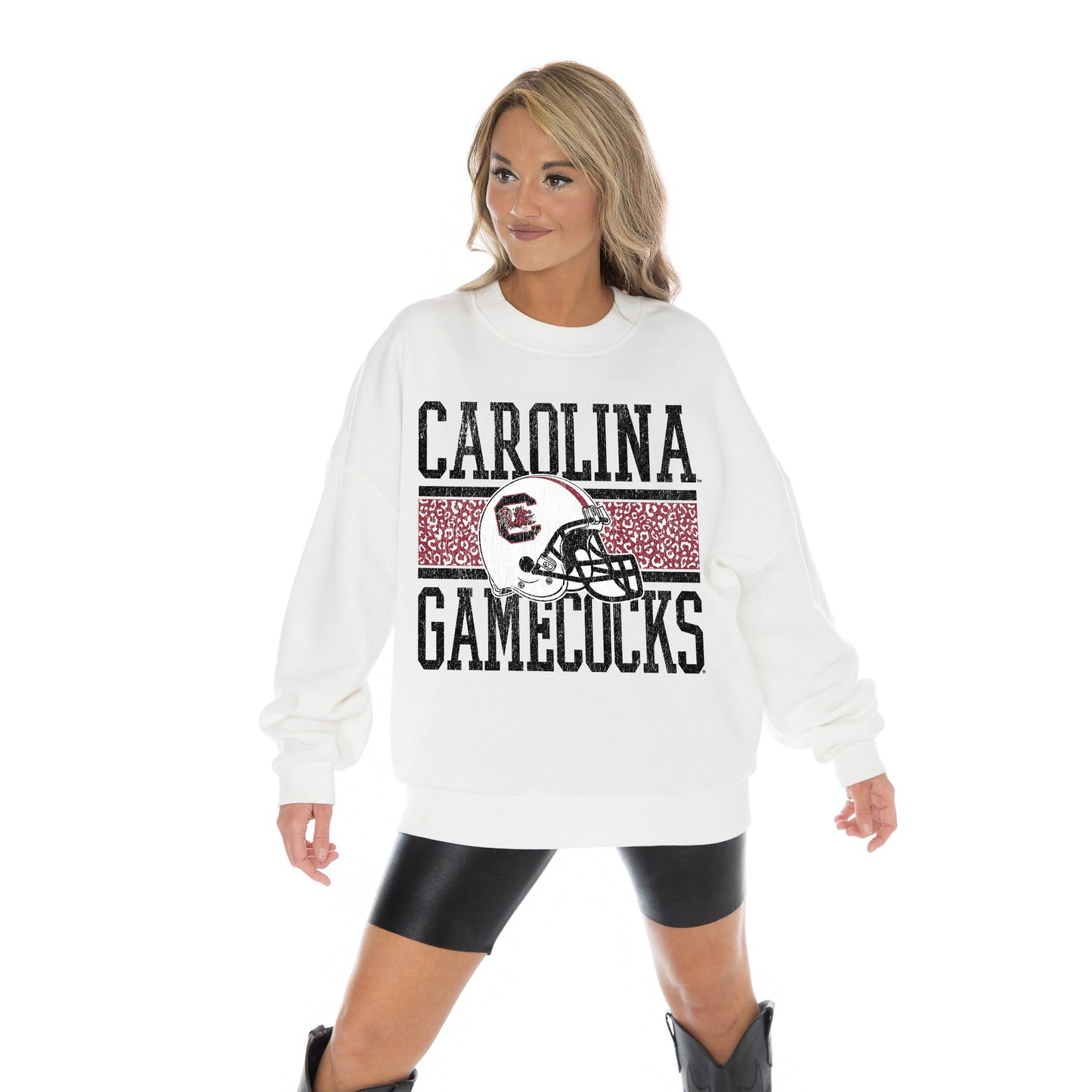 SOUTH CAROLINA GAMECOCKS FAIR CATCH LONG SLEEVE UNISEX FIT PREMIUM FLEECE CREWNECK SWEATSHIRT WITH RIBBED KNIT NECKLINE, WRIST, AND WAISTBAND