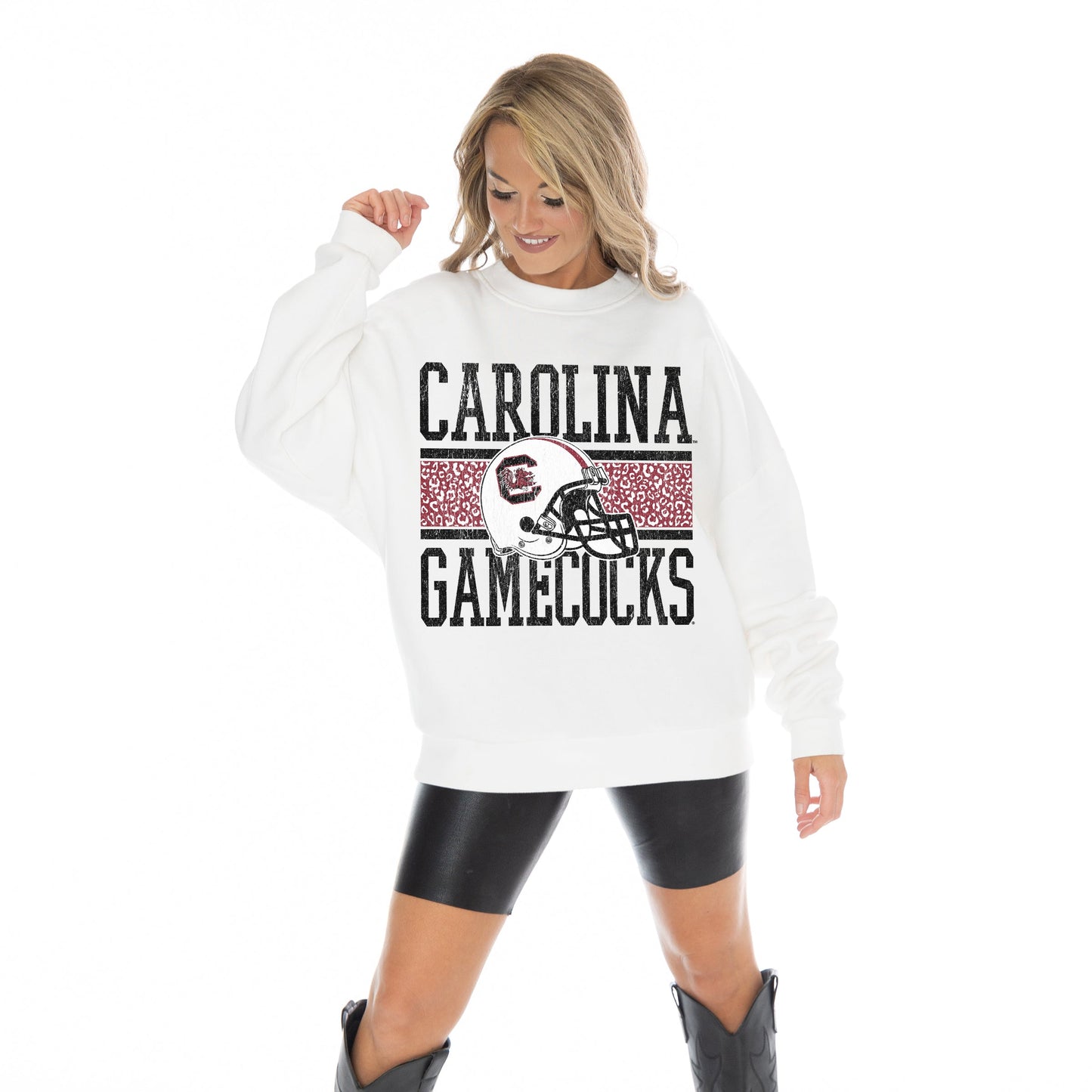 SOUTH CAROLINA GAMECOCKS FAIR CATCH LONG SLEEVE UNISEX FIT PREMIUM FLEECE CREWNECK SWEATSHIRT WITH RIBBED KNIT NECKLINE, WRIST, AND WAISTBAND