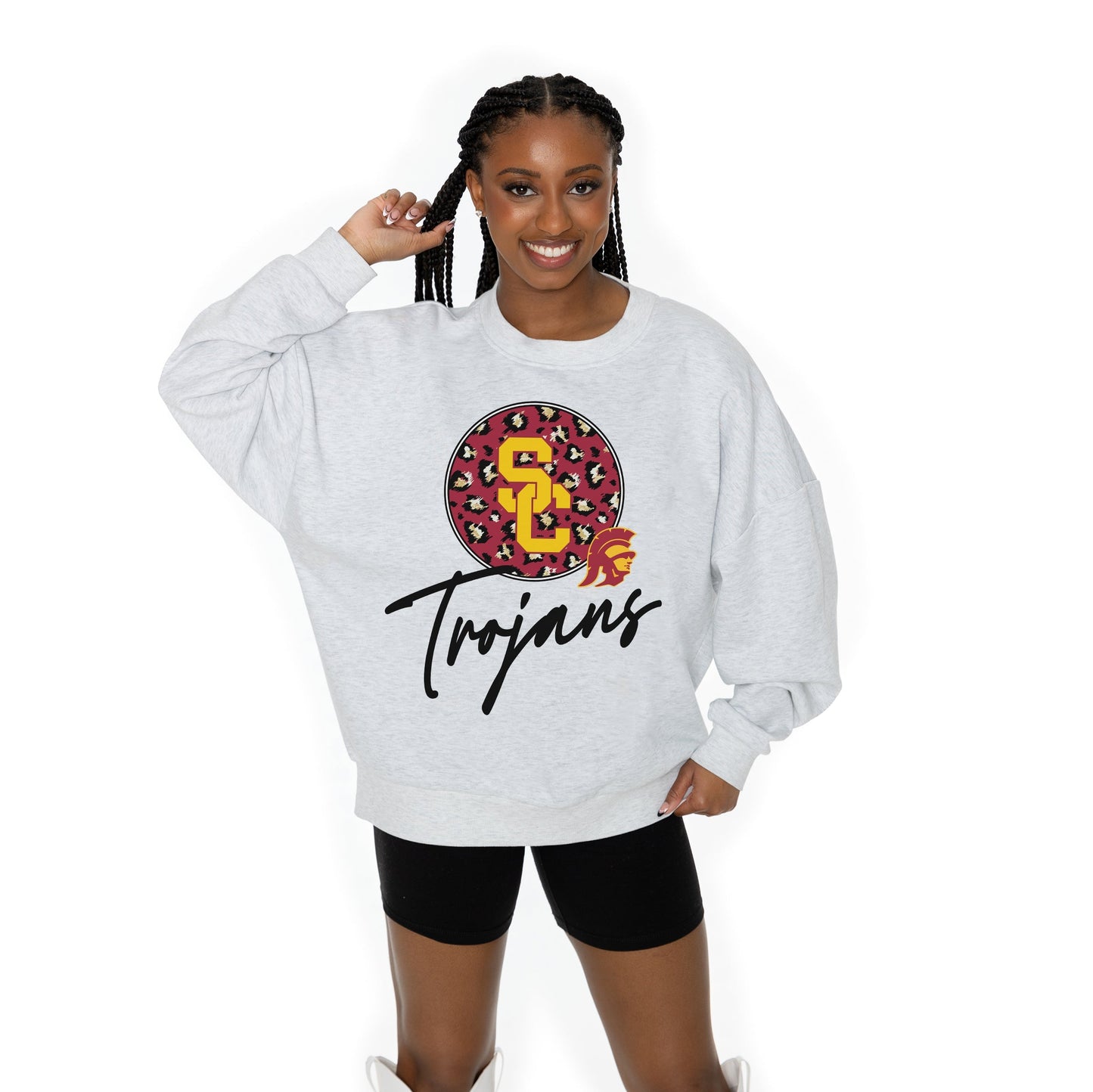 USC TROJANS GOING WILD LONG SLEEVE UNISEX FIT PREMIUM FLEECE CREWNECK SWEATSHIRT WITH RIBBED KNIT NECKLINE, WRIST, AND WAISTBAND