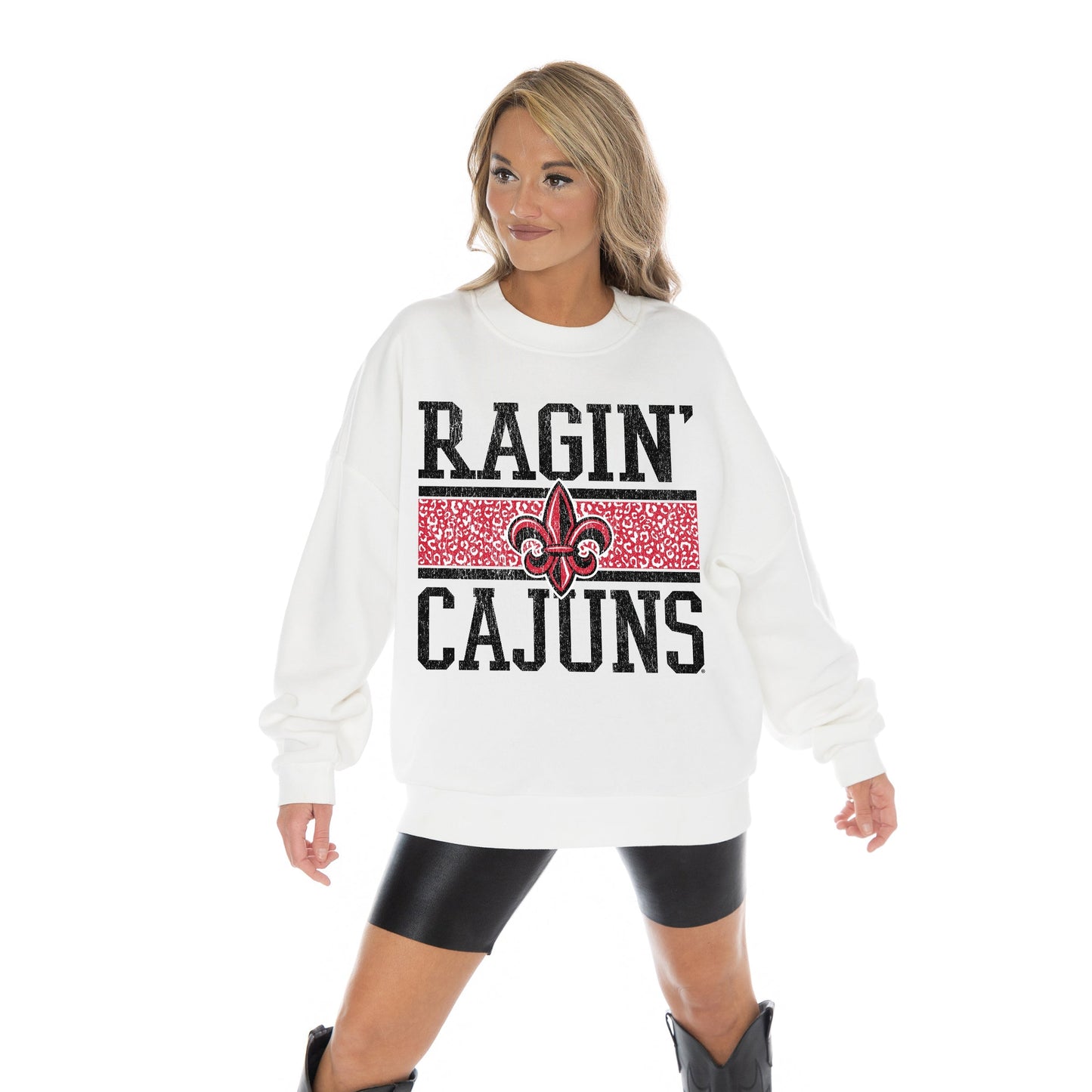 LOUISIANA RAGIN' CAJUNS FAIR CATCH LONG SLEEVE UNISEX FIT PREMIUM FLEECE CREWNECK SWEATSHIRT WITH RIBBED KNIT NECKLINE, WRIST, AND WAISTBAND