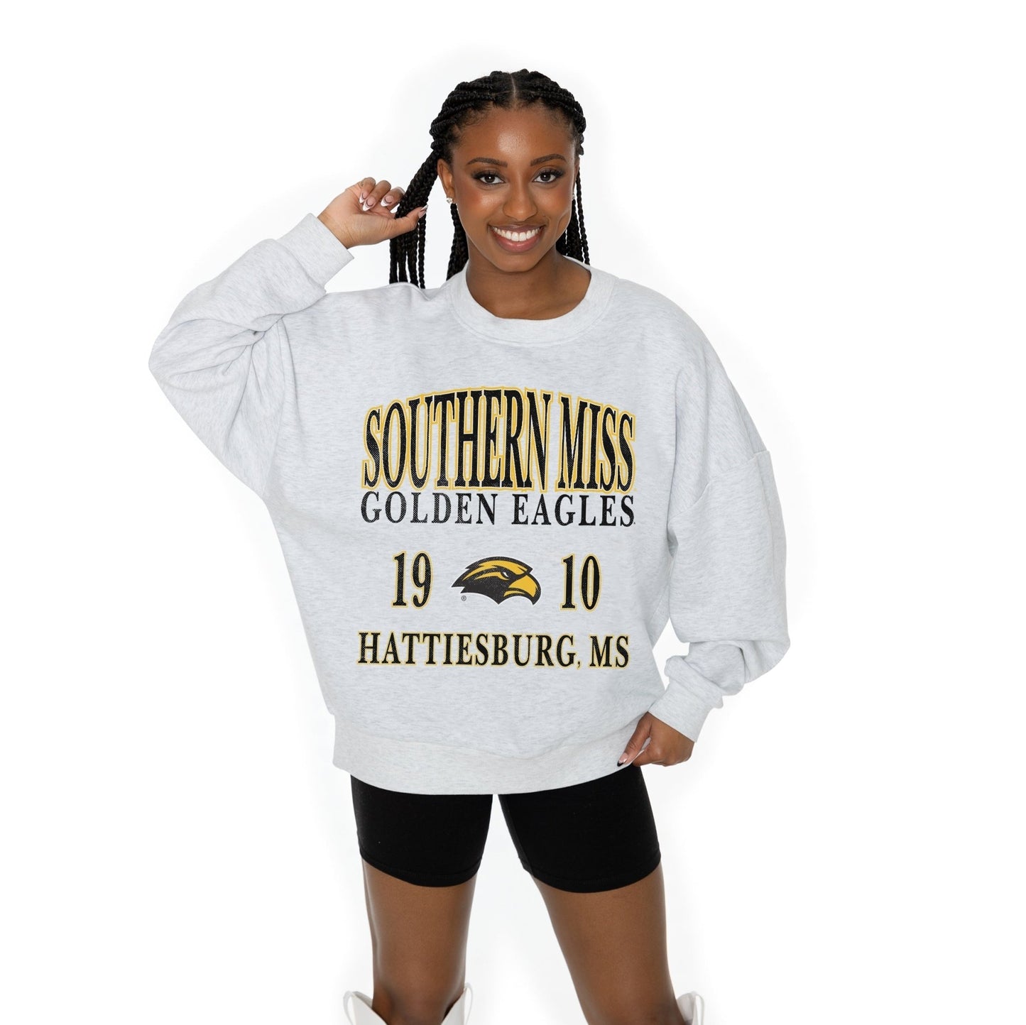 SOUTHERN MISS GOLDEN EAGLES ALLEGIANCE LONG SLEEVE UNISEX FIT PREMIUM FLEECE CREWNECK SWEATSHIRT WITH RIBBED KNIT NECKLINE, WRIST, AND WAISTBAND - The Club