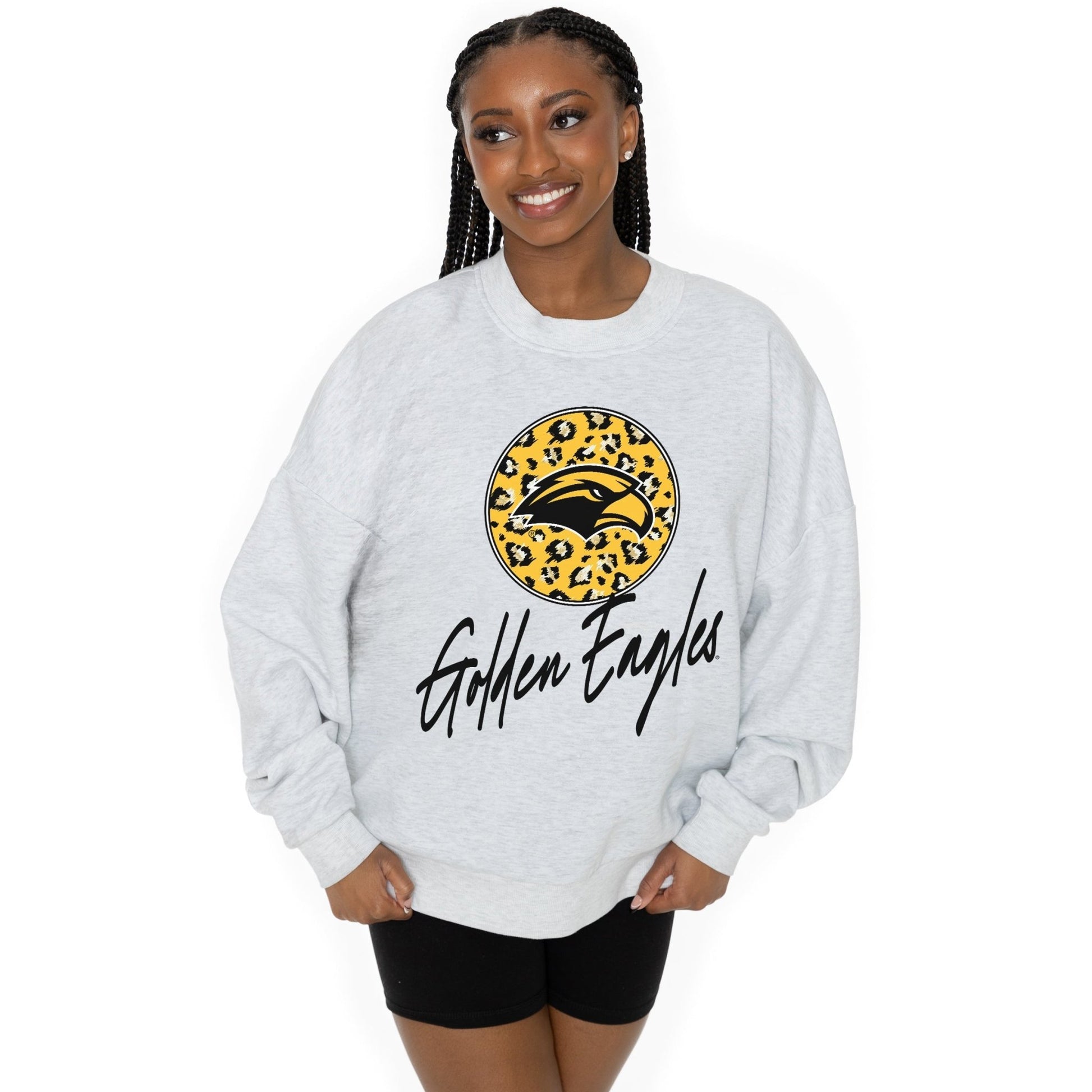 SOUTHERN MISS GOLDEN EAGLES GOING WILD LONG SLEEVE UNISEX FIT PREMIUM FLEECE CREWNECK SWEATSHIRT WITH RIBBED KNIT NECKLINE, WRIST, AND WAISTBAND - The Club