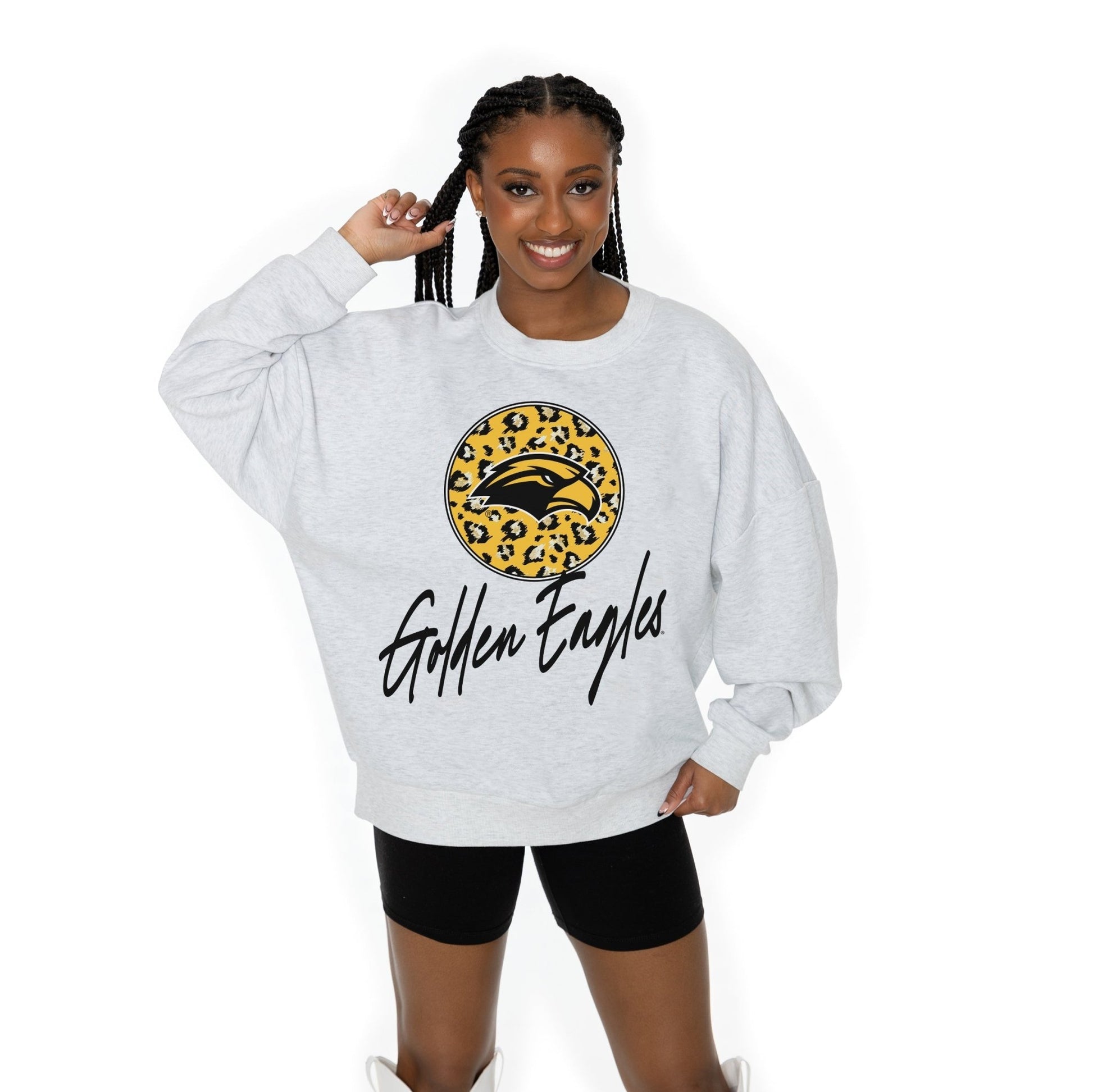 SOUTHERN MISS GOLDEN EAGLES GOING WILD LONG SLEEVE UNISEX FIT PREMIUM FLEECE CREWNECK SWEATSHIRT WITH RIBBED KNIT NECKLINE, WRIST, AND WAISTBAND - The Club