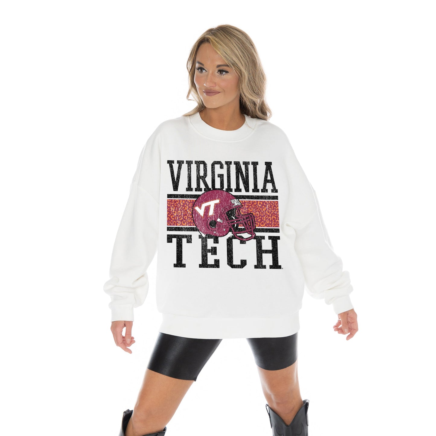 VIRGINIA TECH HOKIES FAIR CATCH LONG SLEEVE UNISEX FIT PREMIUM FLEECE CREWNECK SWEATSHIRT WITH RIBBED KNIT NECKLINE, WRIST, AND WAISTBAND