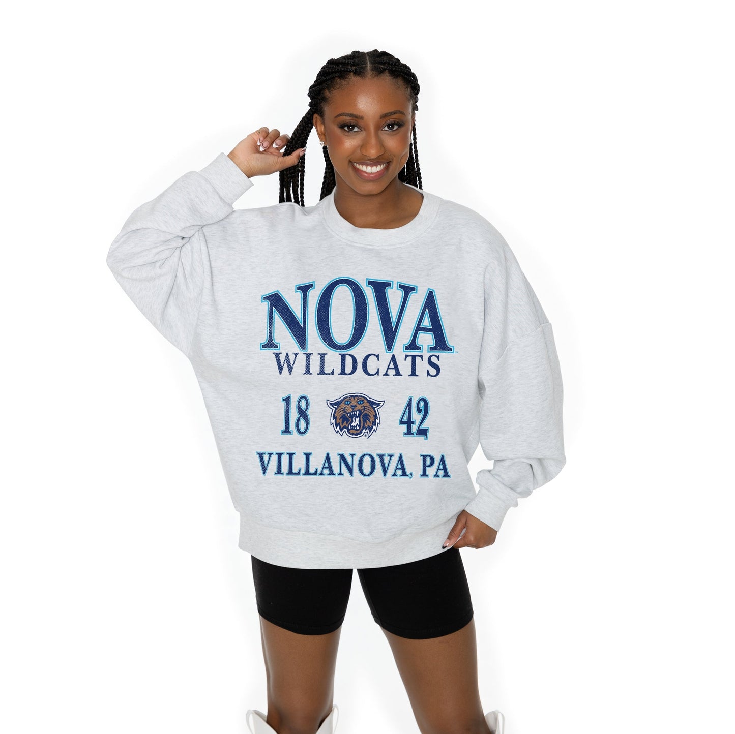 VILLANOVA WILDCATS ALLEGIANCE LONG SLEEVE UNISEX FIT PREMIUM FLEECE CREWNECK SWEATSHIRT WITH RIBBED KNIT NECKLINE, WRIST, AND WAISTBAND