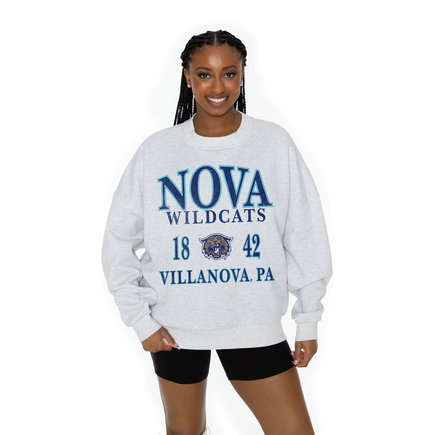 VILLANOVA WILDCATS ALLEGIANCE LONG SLEEVE UNISEX FIT PREMIUM FLEECE CREWNECK SWEATSHIRT WITH RIBBED KNIT NECKLINE, WRIST, AND WAISTBAND